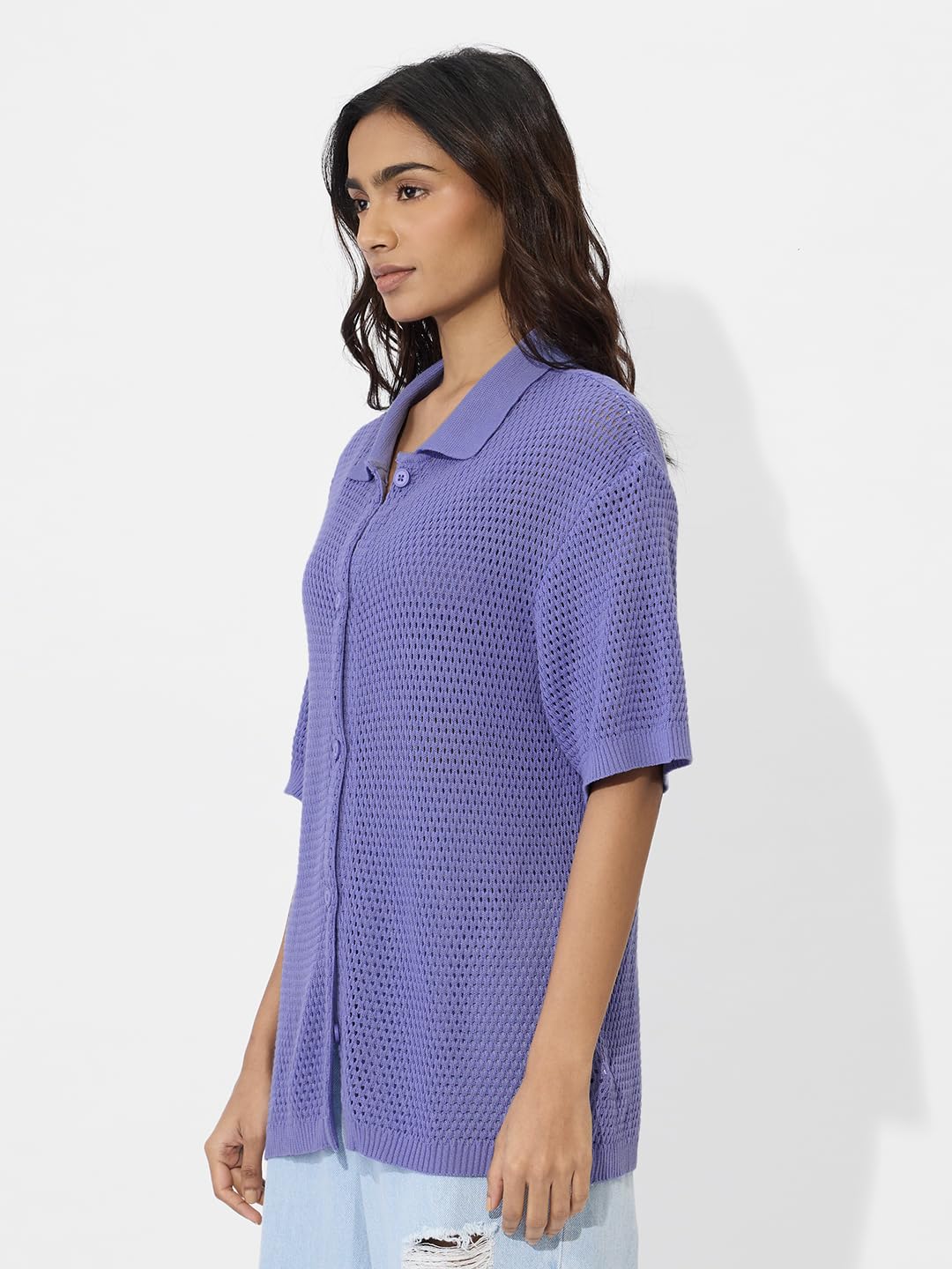 The Souled Store Lavender Women and Girls Long Sleeve Collared Neck Button Down Boyfriend Shirts Womens Boyfriend Shirts Casual Button-Down Full Sleeve Solid Short Sleeve Casual Workwear