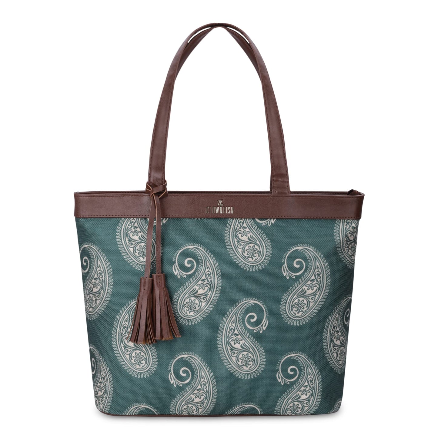 THE CLOWNFISH Casey series 15.6 inch Laptop Bag For Women Printed Handicraft Fabric & Faux Leather Office Bag Briefcase Hand Messenger bag Tote Business Bag (Fern Green)