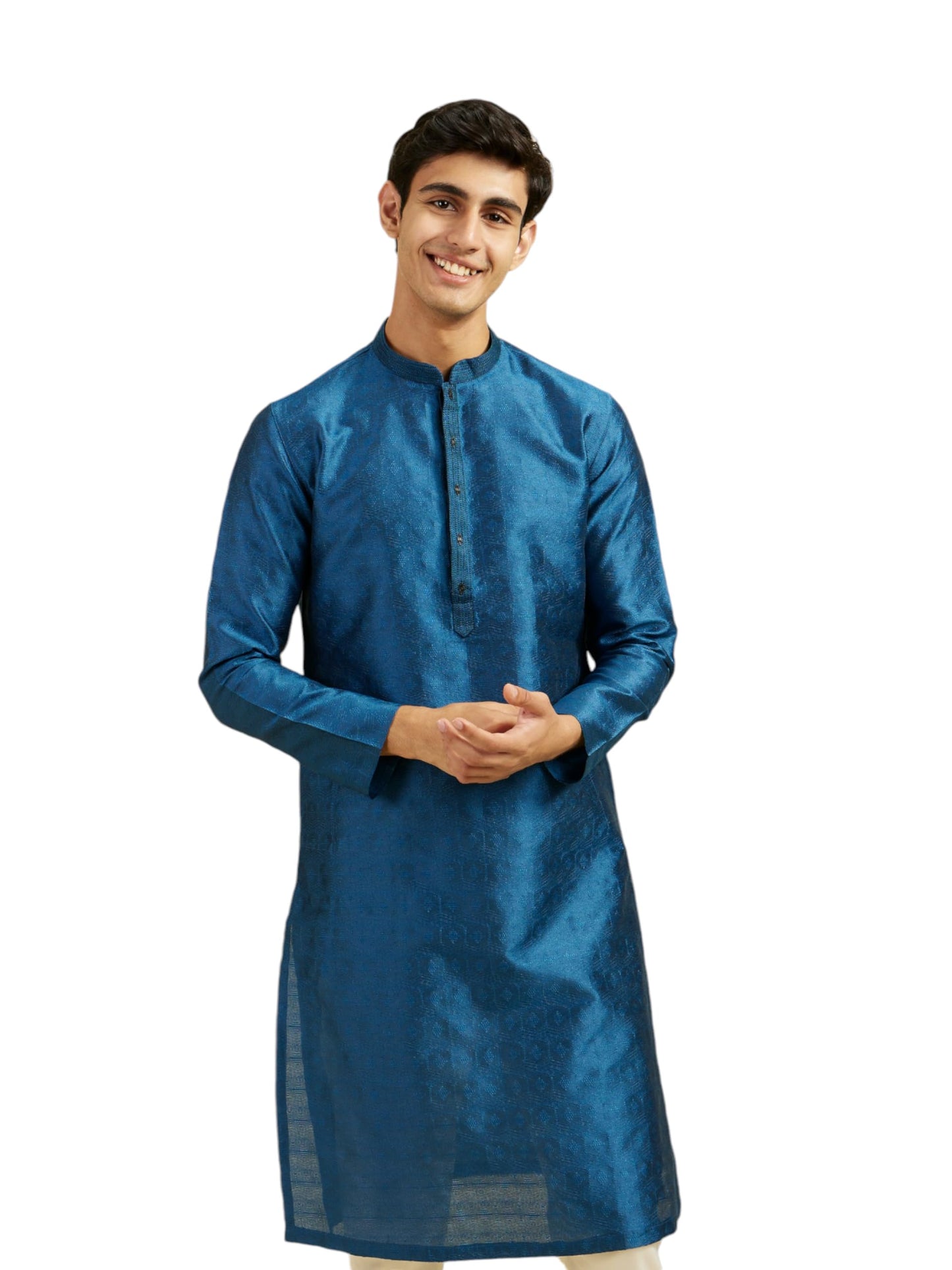 DIWAS BY MANYAVAR Men's Art Silk Jacquard| Self Design Kurta (Teal Blue,XL)