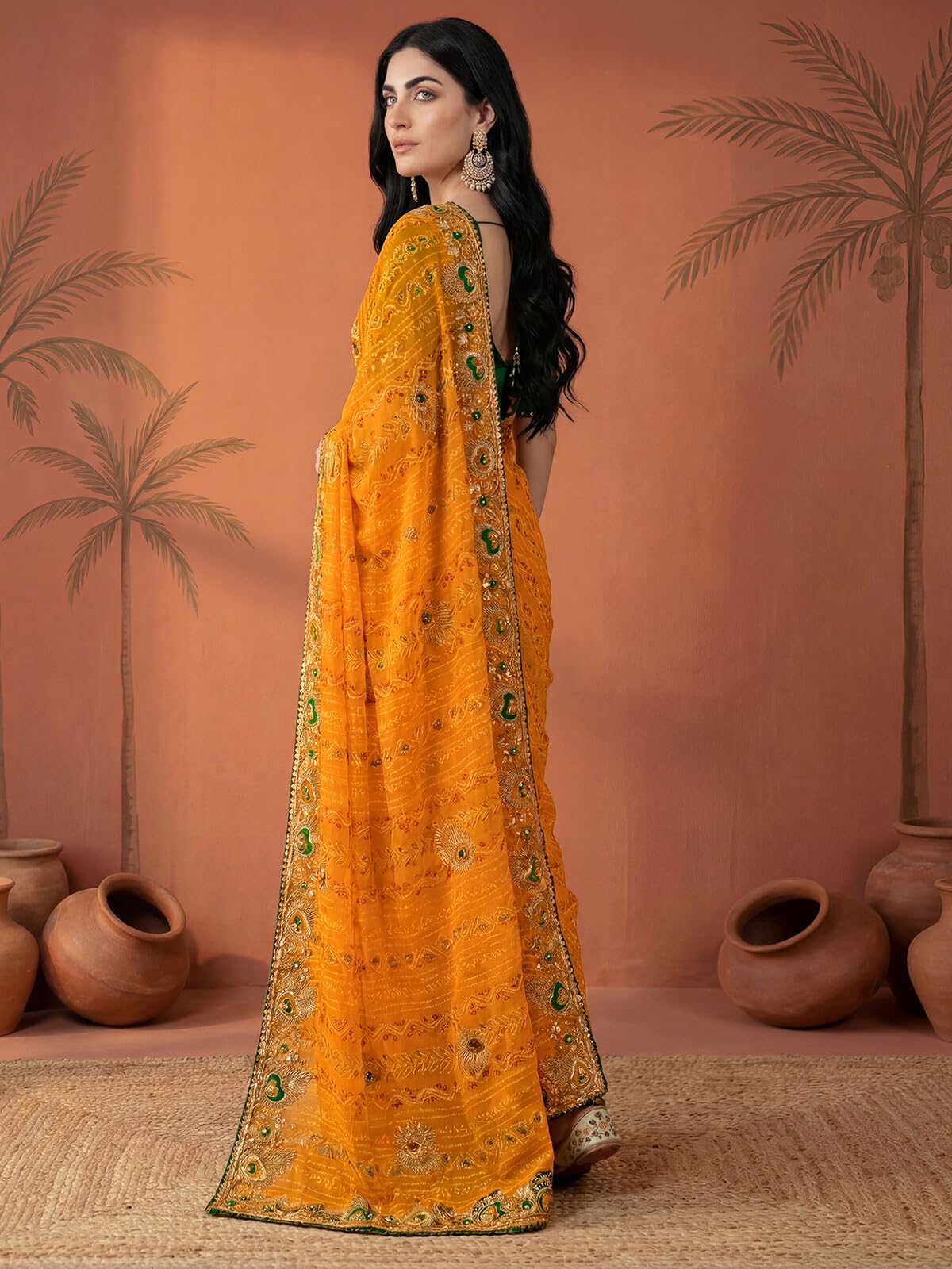 SIRIL Women's Georgette Embroidery Gota Lace Bandhani Printed Saree with Unstitched Blouse Piece (4524S373AA_Yellow)