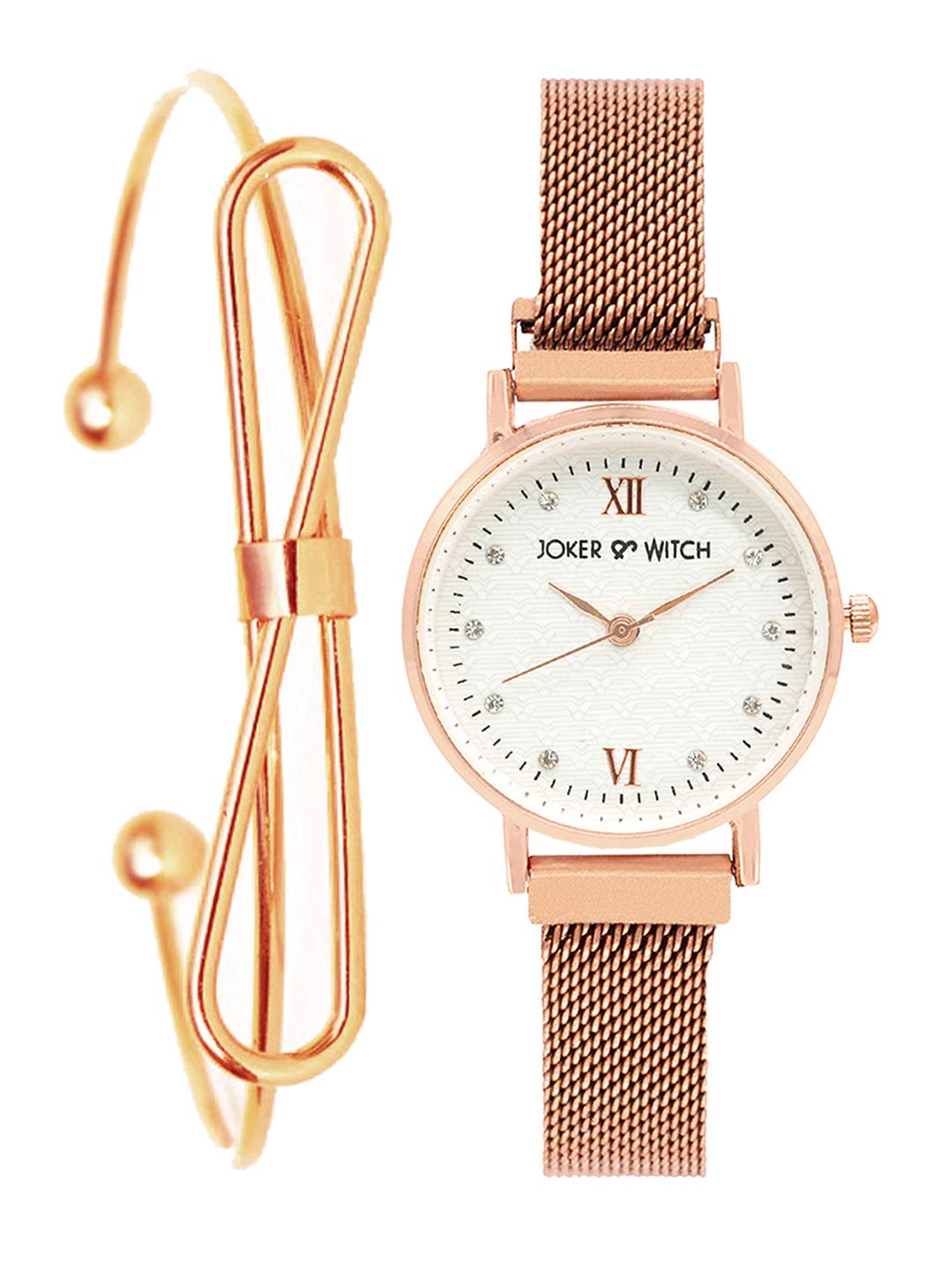 Joker & Witch Stainless Steel Dusk Rosegold Analog Watch Bracelet Set For Women, White Dial, Rose Gold Band