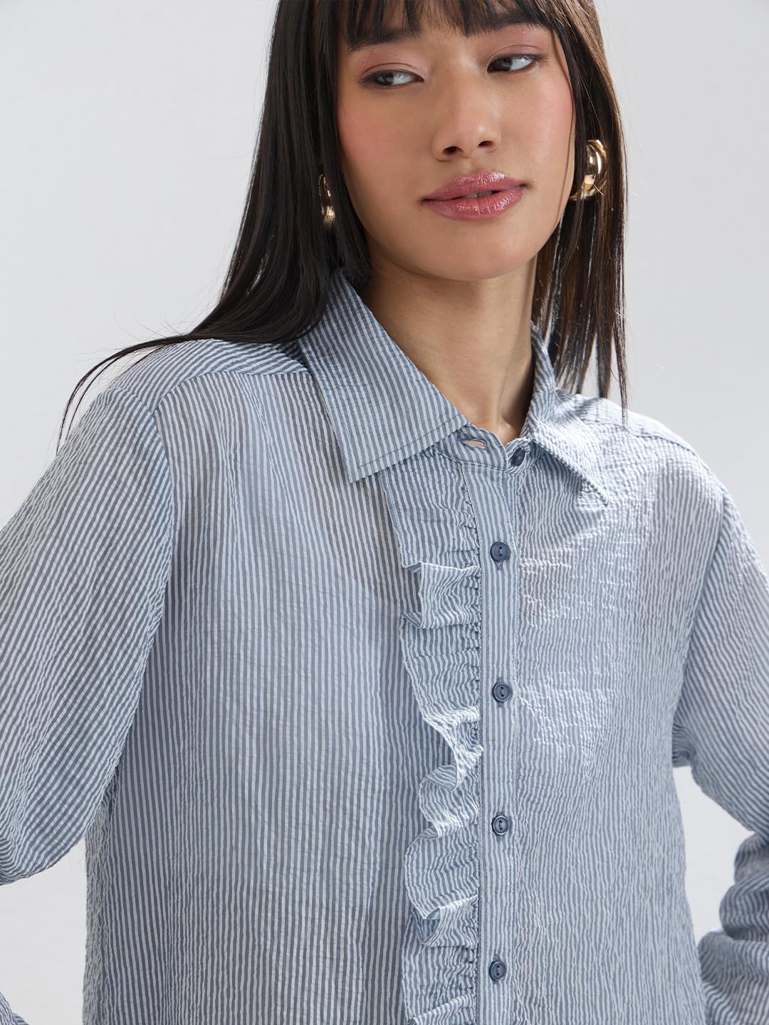 The Souled Store Stripe Shirt: Shadow Women and Girls Full Length Sleeves Collared Light Blue and White Vertical Striped Woven Viscose Relaxed Fit Ruffled Lightweight Everyday Shirt