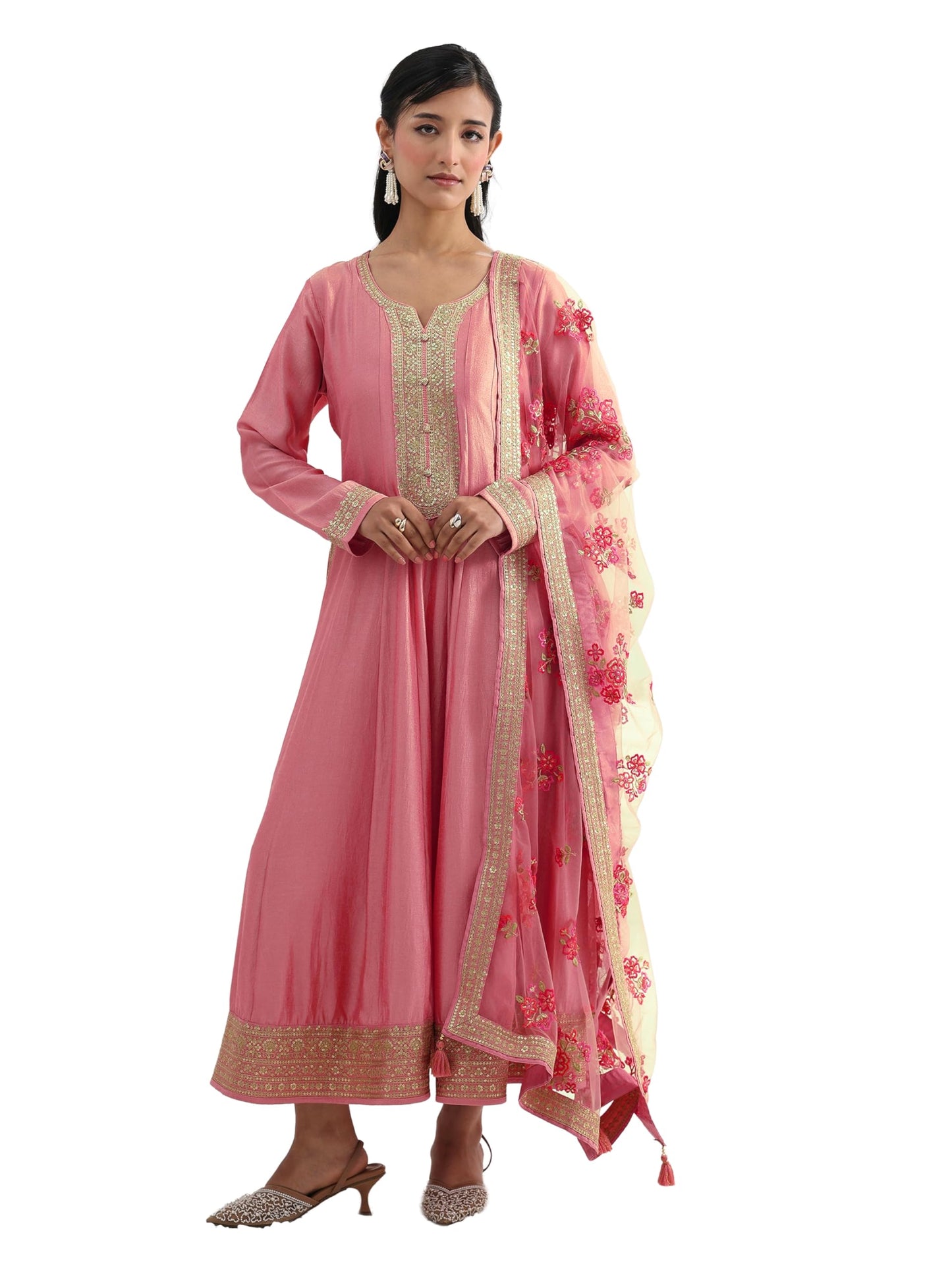 Libas Embroidered Silk Blend A-Line Ethnic Dress with Dupatta-93639XL