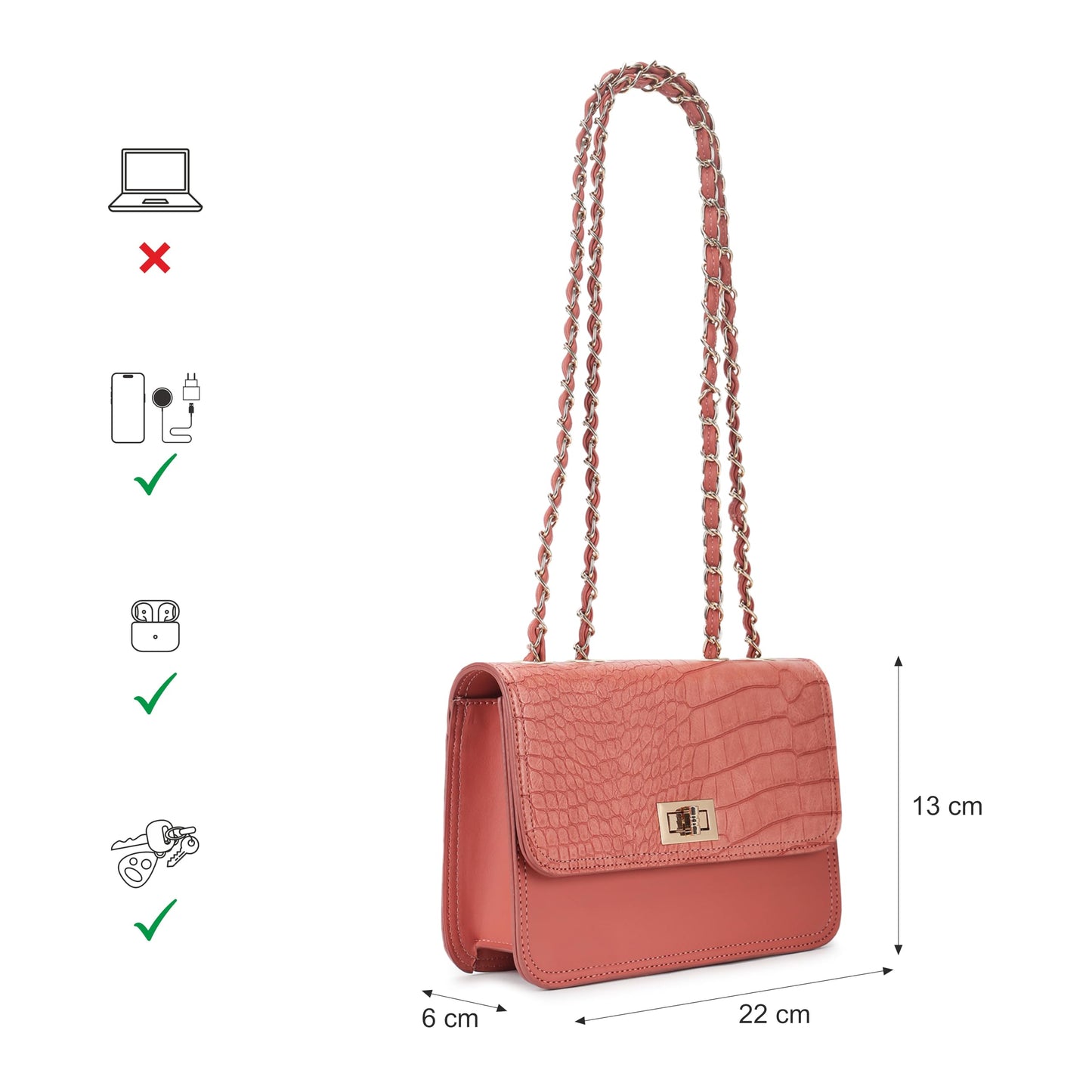 Fastrack Casual Sling Bag with Lock Closure for Girls, Medium Size with Internal Organiser and Metal Chain Strap, Made with Premium Faux Leather