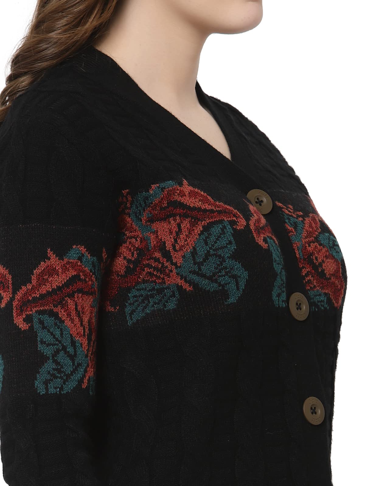 Kalt Women Sweater for Winter Woolen Acrylic Full Sleeves V Neck Floral Design Cardigan Sweater for Women Winter Woollen Stylish(Black;3XL)