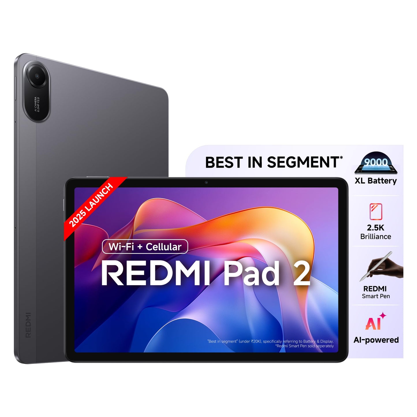 Redmi Pad 2 Wi-Fi + Cellular, Active Pen Support, 27.94cm(11") Model, 2.5K Sharp & Clear Display, 6GB, 128GB, All Day & More 9000mAh Battery, AI-Enabled, Dolby Atmos, HyperOS 2, Graphite Grey