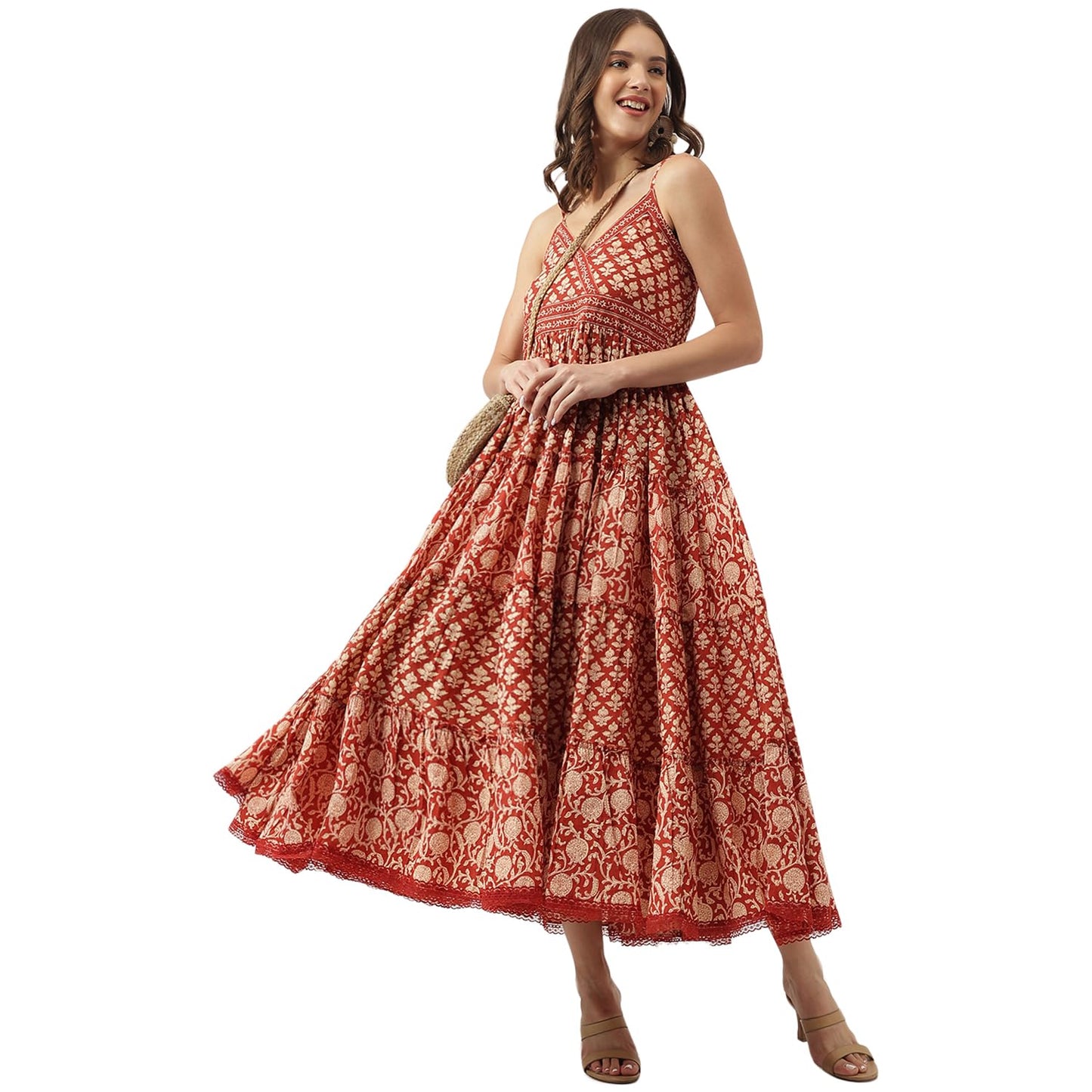 Divena Maroon Floral Printed Cotton Tiered Dress