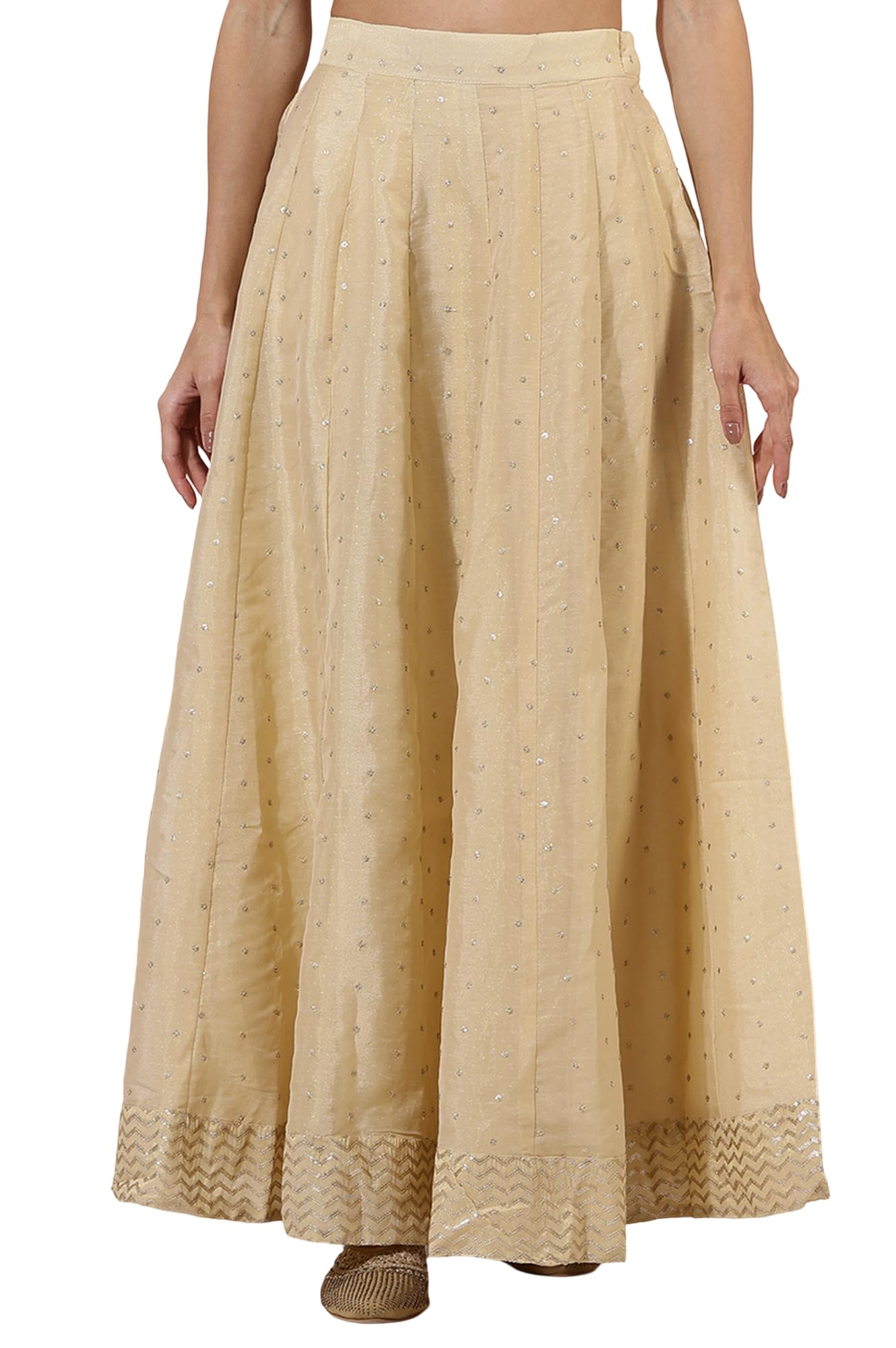 W for Woman Gold Solid Sequins Flared Woven Skirt (W50501-400770-S)