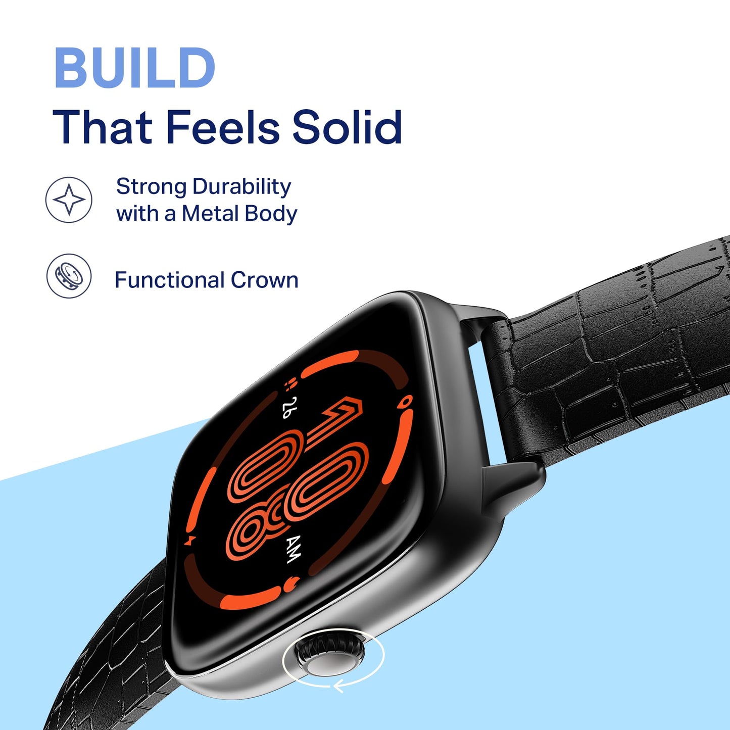 Boat Storm Verge, 1.72" (4.4 cm) Unisex Design, AuraVue Display with 20% Higher Brightness, Premium Metal Body, 80+ Sports Mode, Bluetooth Calling, Smart Watch for Men & Women (Black Leather)