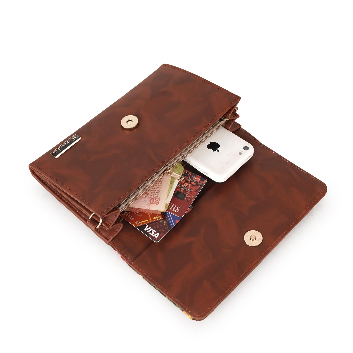 VELUCIA Womens Embroidered Floral Clutch Purse, Gold Design, Ladies Wallet (Tan)