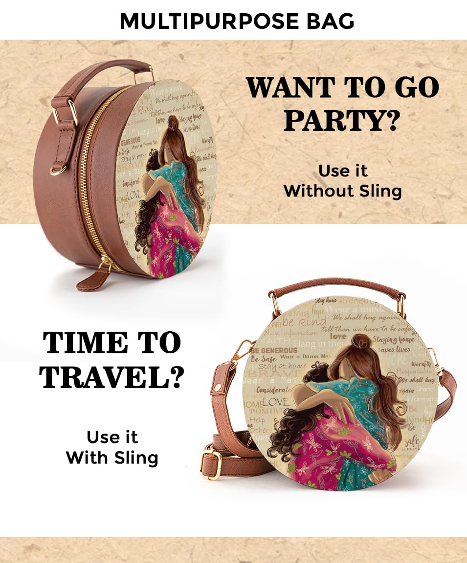 Kalankit Women Round Sling Bag | Stylish Vegan Leather Crossbody Purse | Side Bag with Strap | Rakhi Gift for Sister | Birthday Present | Travel-Friendly | Being Hug Again, Multicolor