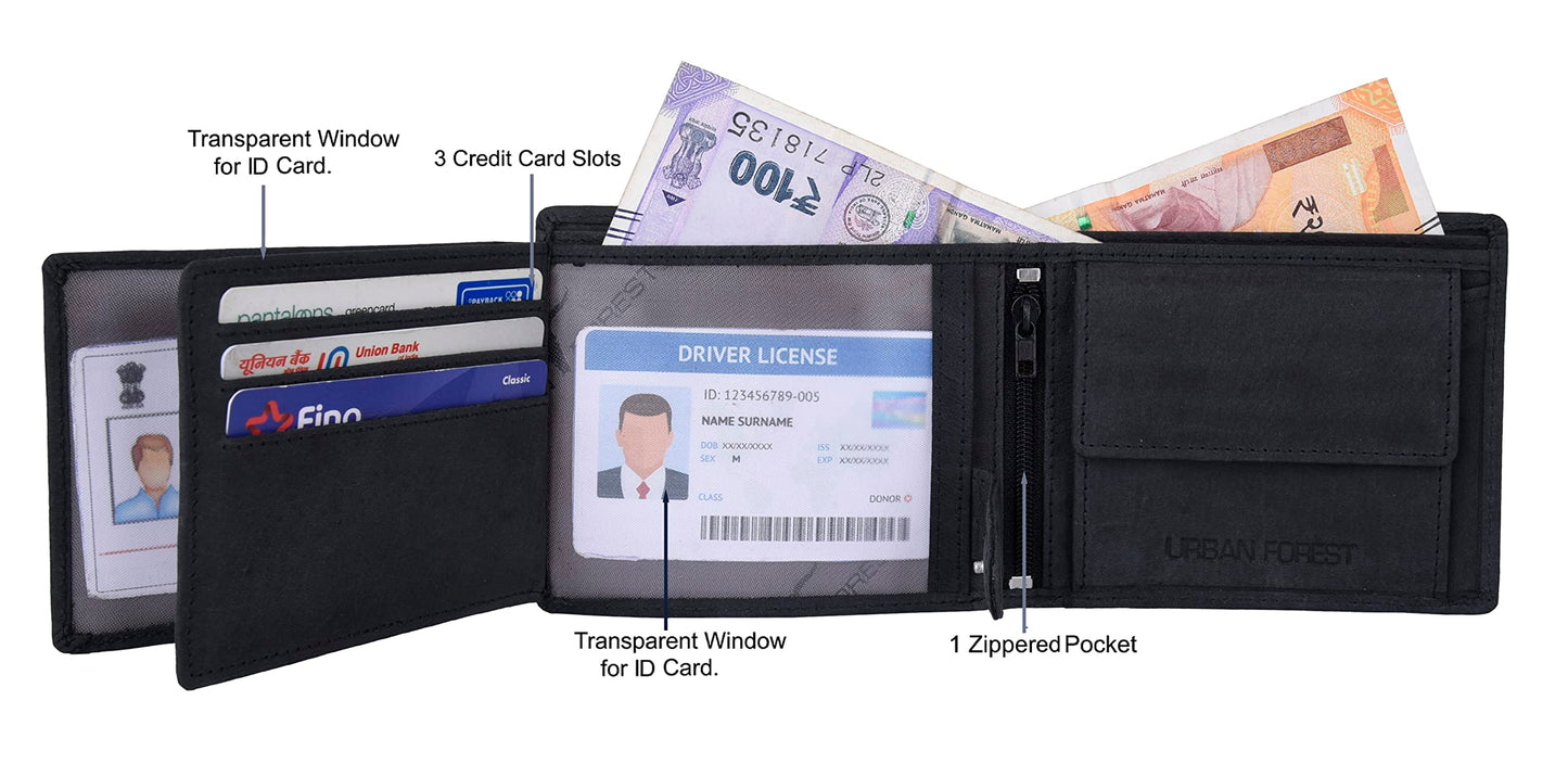 URBAN FOREST Zev Vintage Black Leather Wallet, Black Pen & Keychain Combo Gift Set for Men