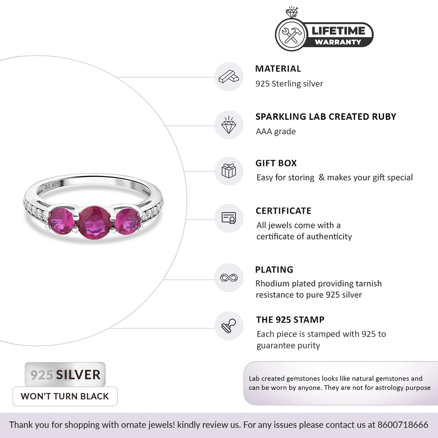 Ornate Jewels 925 Silver American Diamond Red Ruby Three Stone Dailywear Ring for Women and Girls | With Certificate of Authenticity & 925 Stamp | Life-time Warranty*
