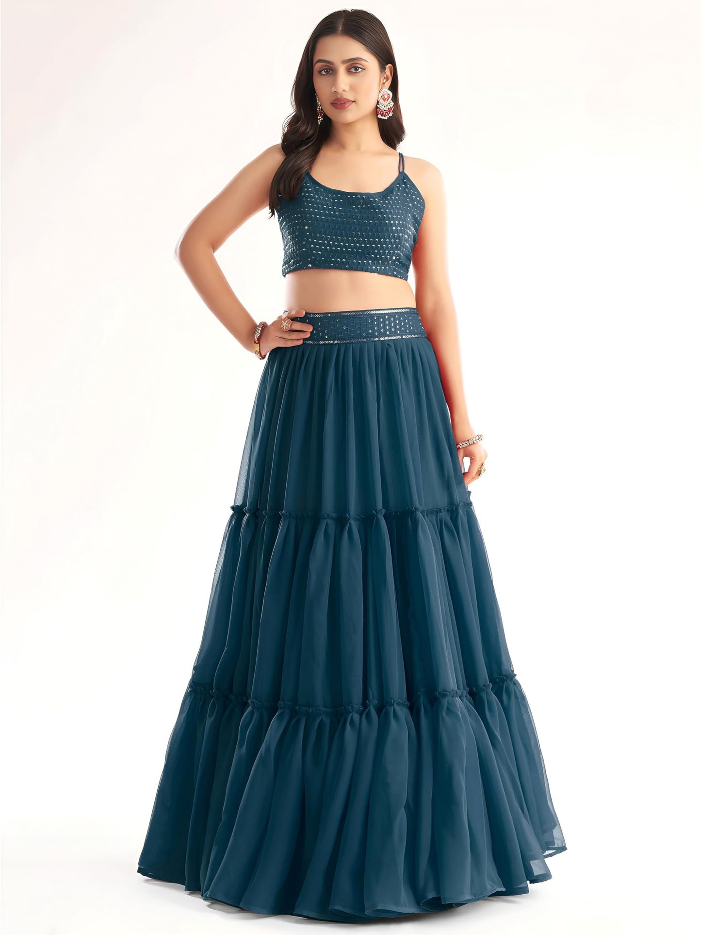 Zeel Clothing Womens Georgette Lehenga Choli Semi-Stitched Blue Wedding Bridal Free Size
