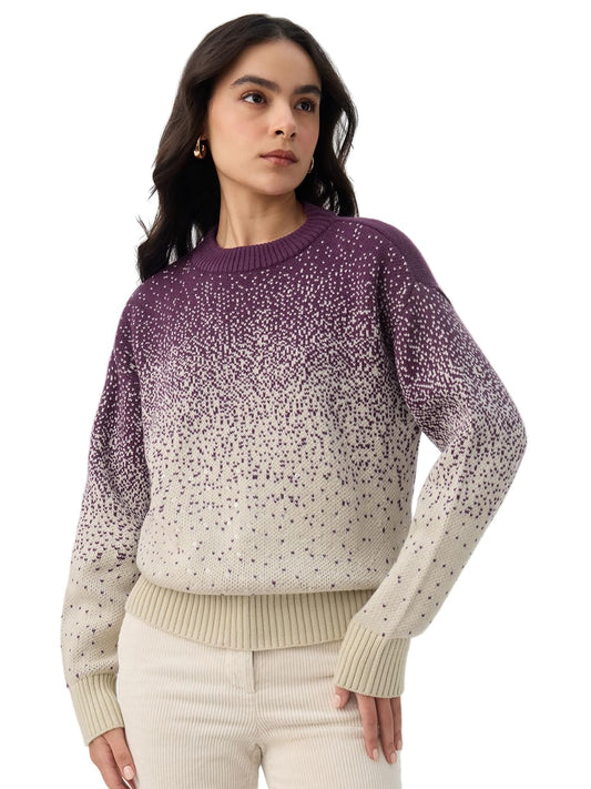The Souled Store Starlight Women and Girls Full Sleeves Round Neck Purple and Beige Gradient Knitted Acrylic Ribbed Drop Shoulder Streetwear Casual Oversized Sweater