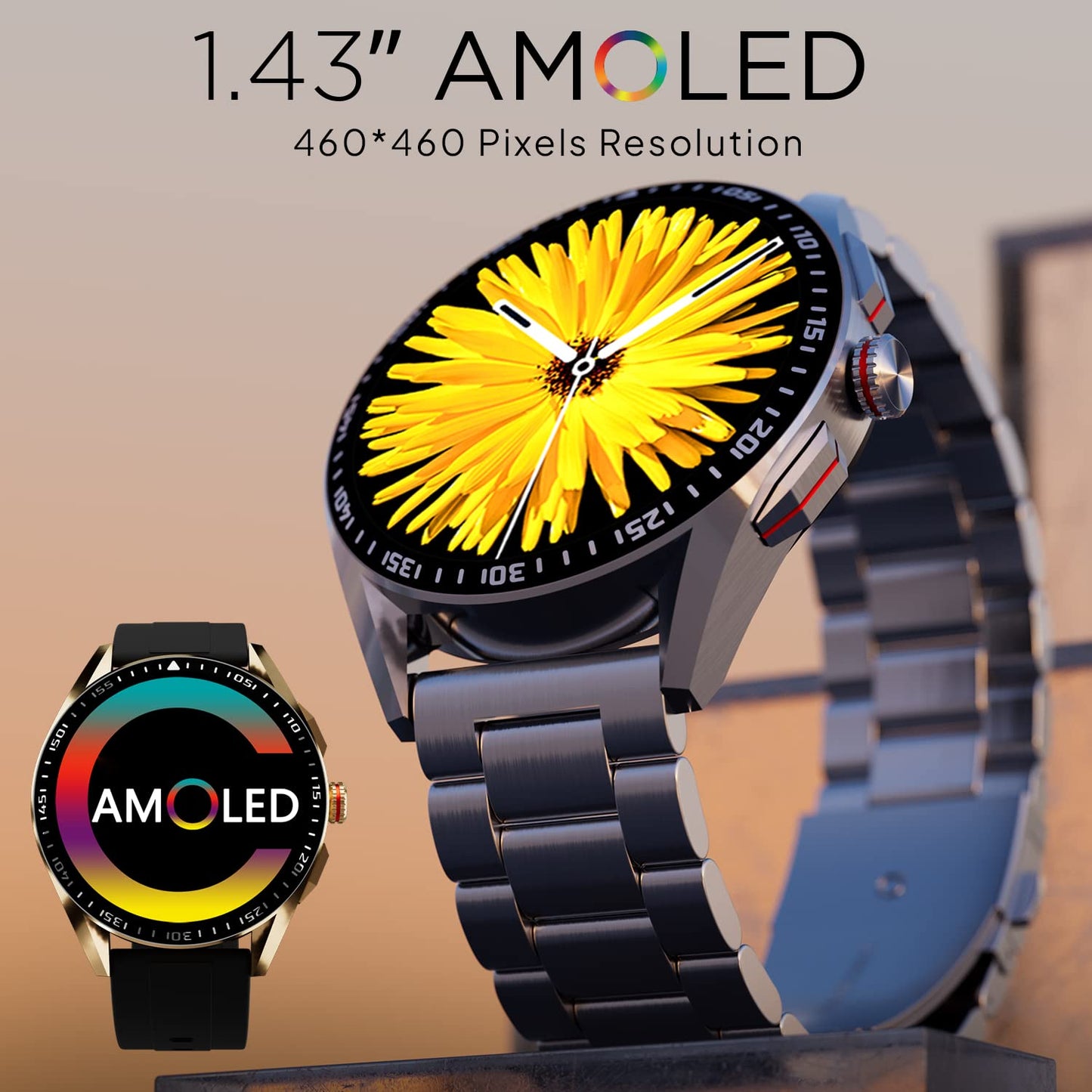 Fire-Boltt Invincible Plus 1.43" AMOLED Display Smartwatch with Bluetooth Calling, TWS Connection, 300+ Sports Modes, 110 in-Built Watch Faces, 4GB Storage & AI Voice Assistant (Gold Black)