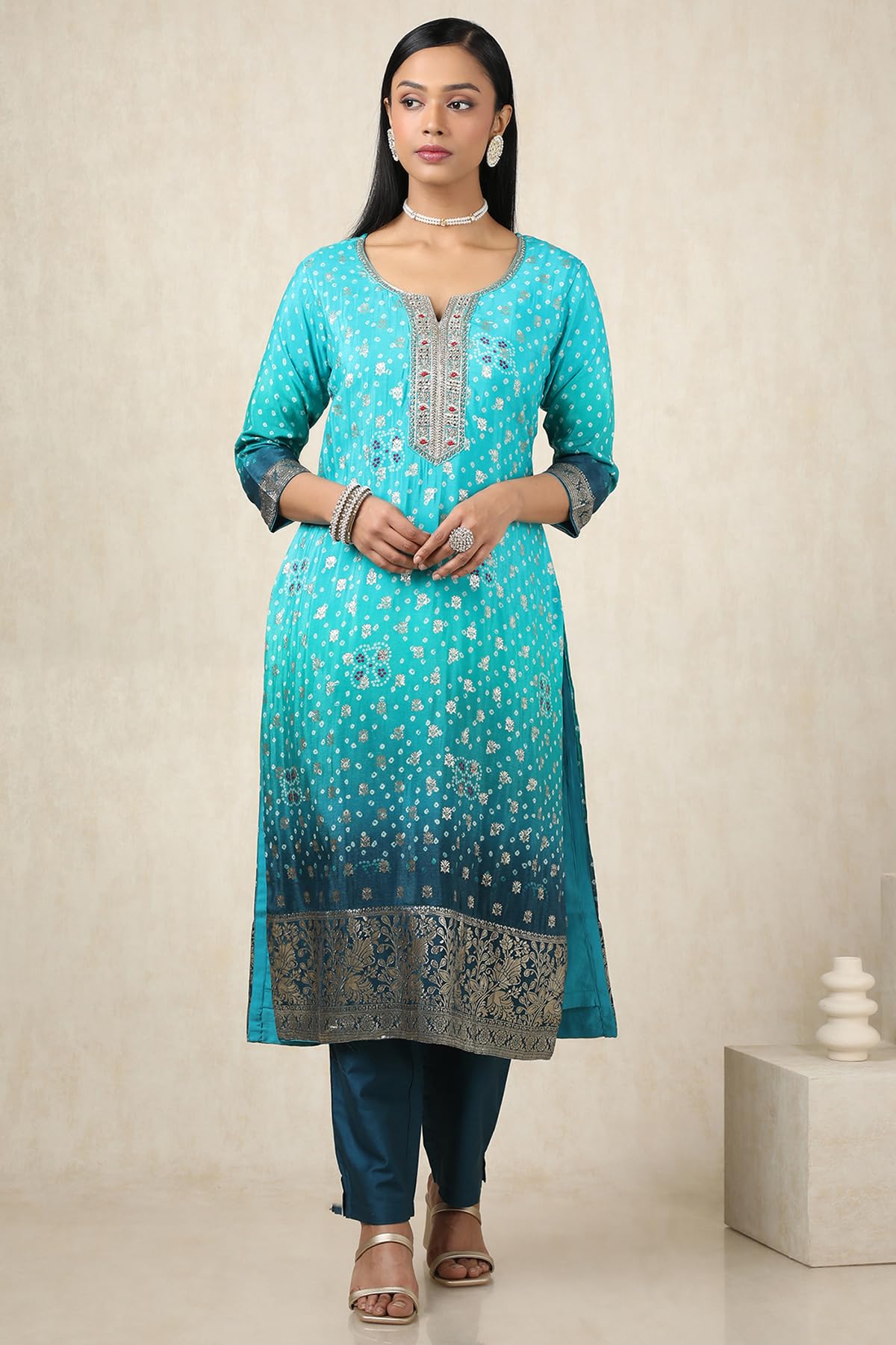 Soch Womens Turquoise Blue Brocade Bandhani Chudidar Set With Zari