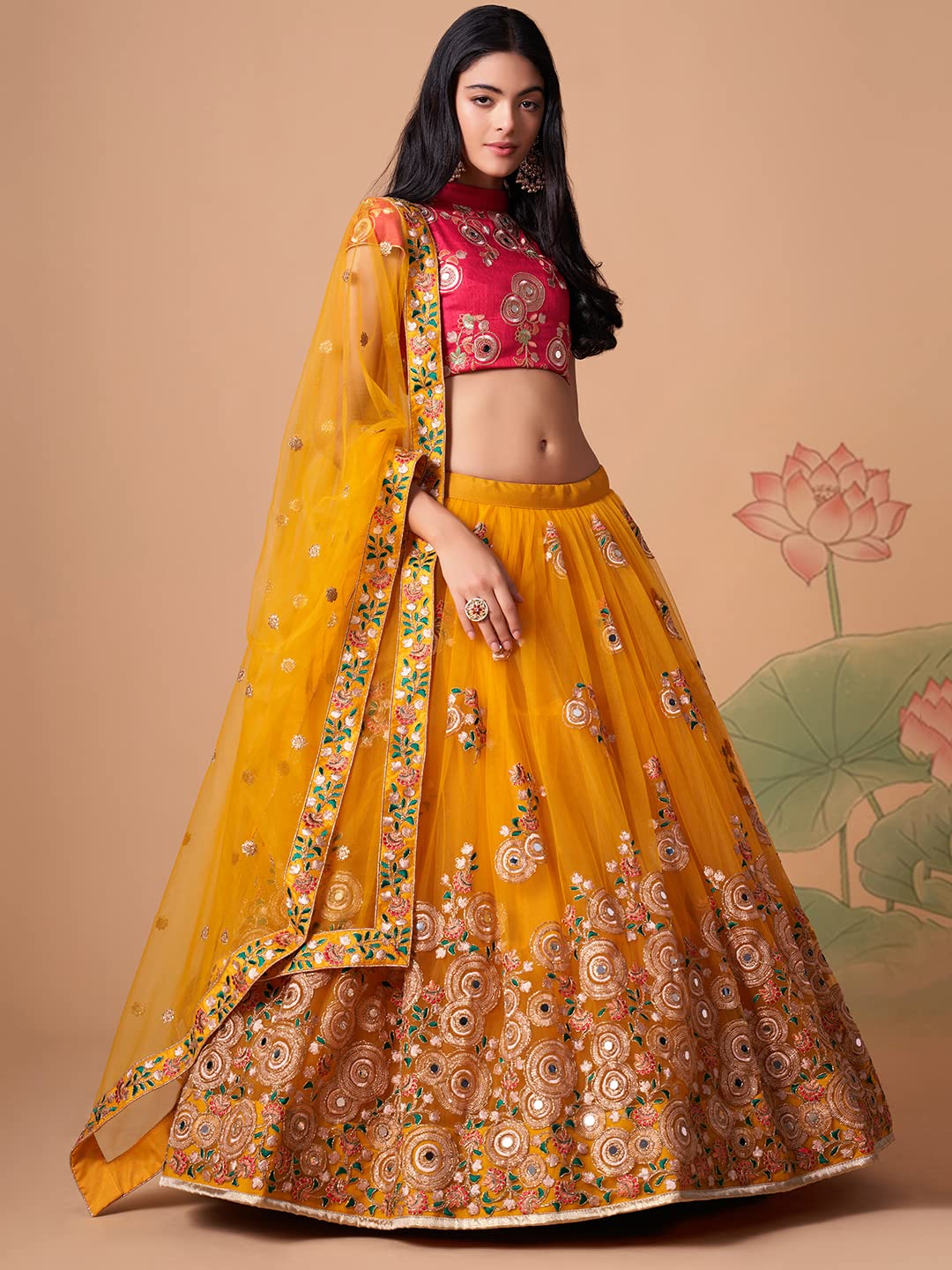 Zeel Clothing Women's Net Embroidered Semi-Stitched Bridal New Lehenga Choli with Dupatta (7324-Yellow-Wedding-Bridal-Latest; Free Size) (Yellow)