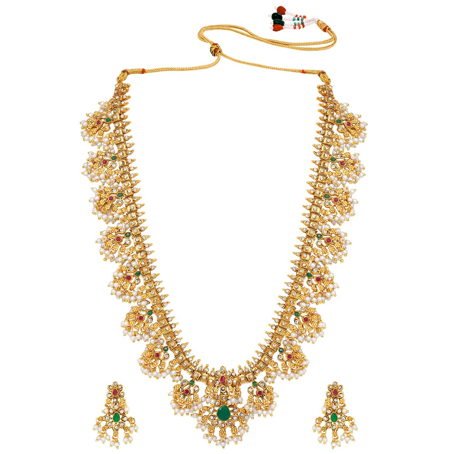 Peora Traditional Gold Plated Red Green Beads Studded Long Necklace Drop Earrings Set Ethnic Stylish Fashion Jewellery Gift for Girls Women|Mothers Day Gifts for Mom