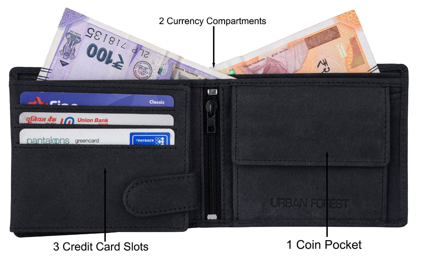 URBAN FOREST Zev Vintage Black Leather Wallet, Black Pen & Keychain Combo Gift Set for Men