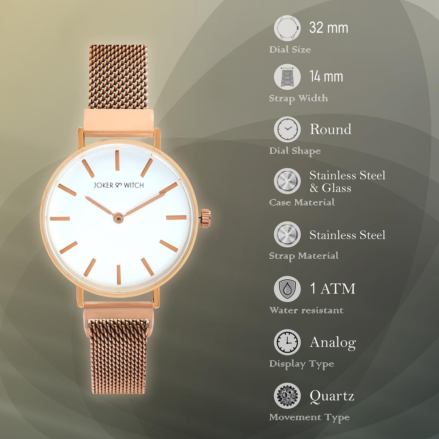 Joker & Witch Natalie White Dial 14mm Rose Gold Stainless Steel Watch for Women