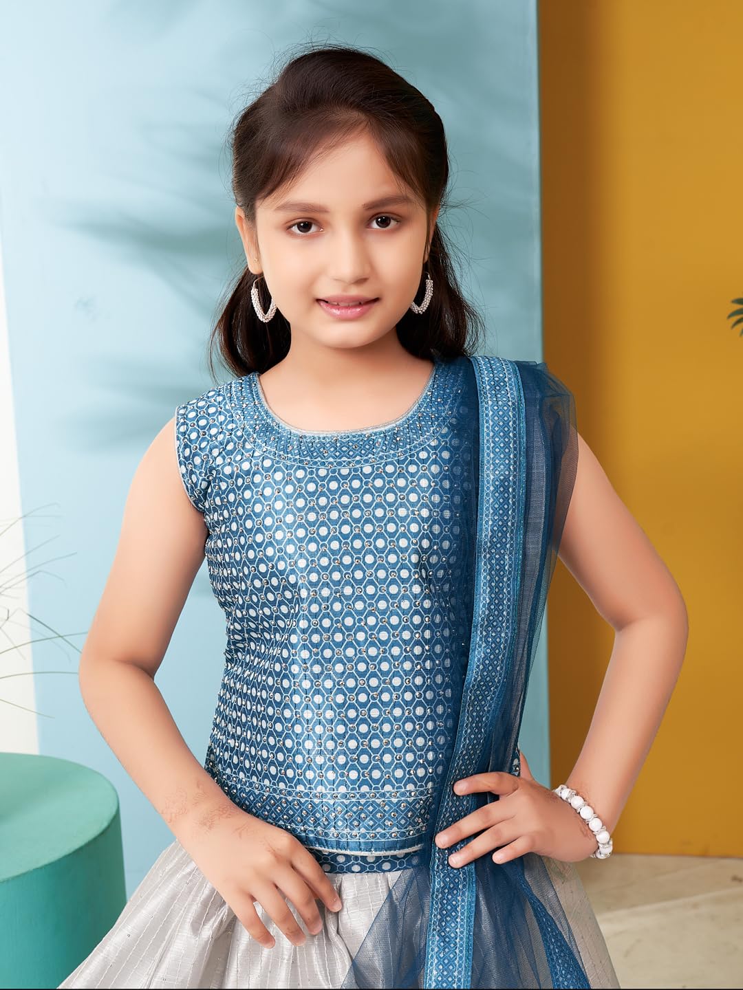 Aarika Girls Turquoise Colour Printed Embellished Stone Silk Lehenga Choli Set (5-11 Years)
