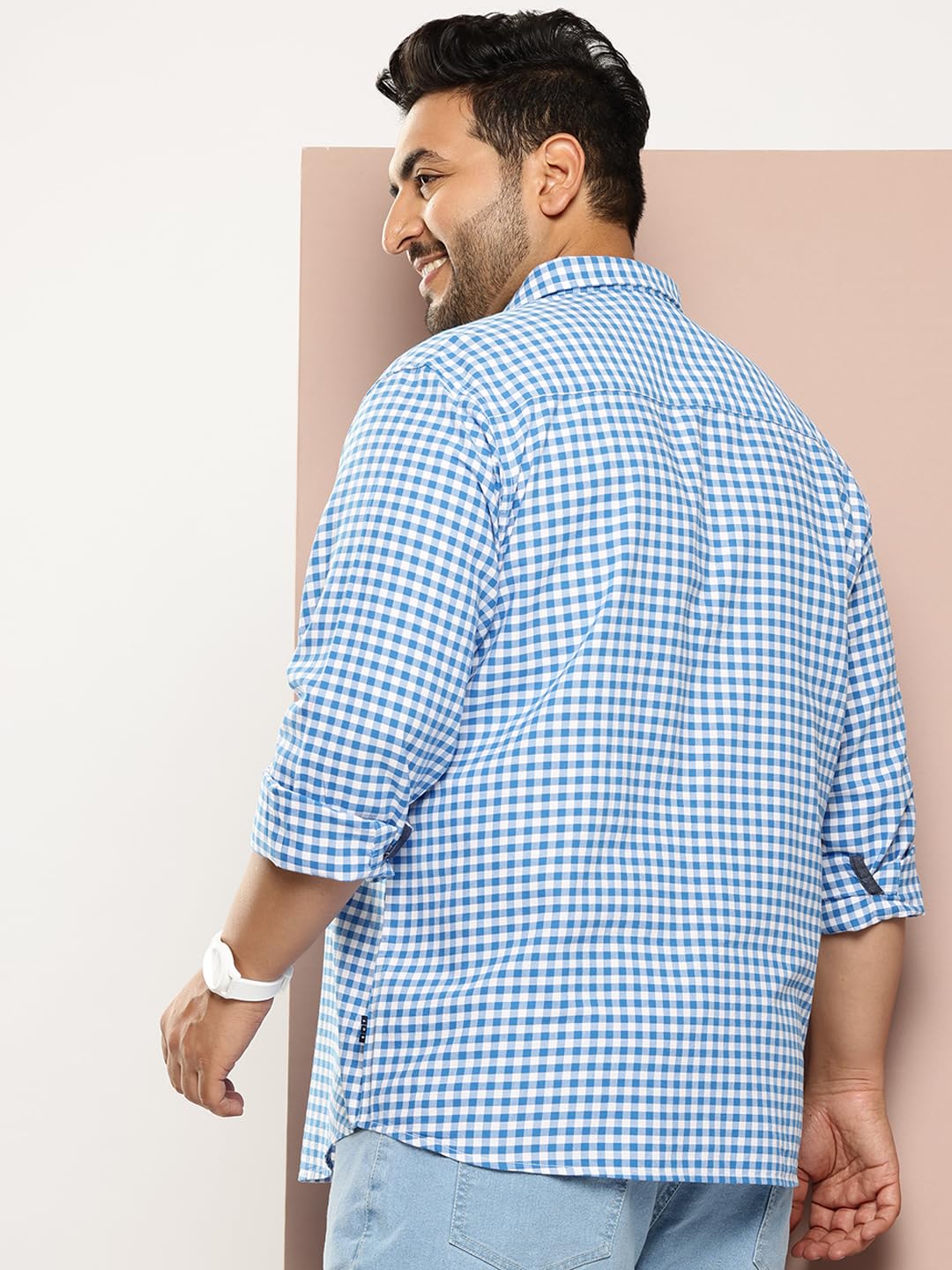 Thomas Scott Men | Long Sleeves | Gingham Checks | 100% Cotton | Spread Collar | Casual Shirt | (Available in Plus Size)(TS1481_Blue_XL)
