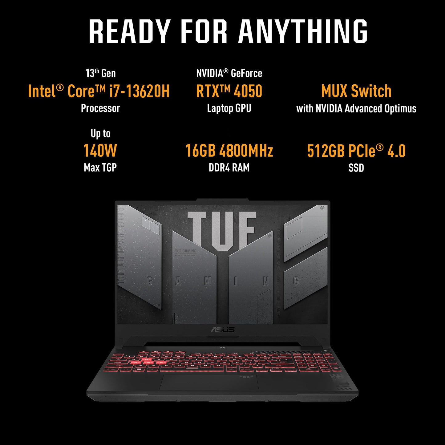 ASUS TUF Gaming F15, 15.6" FHD 16:9, 144Hz 250nits, Intel Core i7-13620H 13th Gen, Gaming Laptop (16GB RAM/512GB SSD/RTX 4050/Windows 11/Office Home/90WHr Battery/Mecha Gray/2.2 Kg), FX507VU-LP210WS