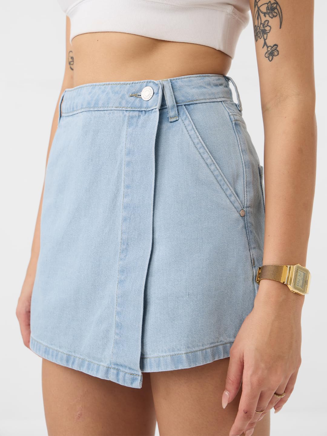 The Souled Store Denim Skorts: Blue Haze Women and Girls Button Closure Solid Cotton Mini Denim Skorts