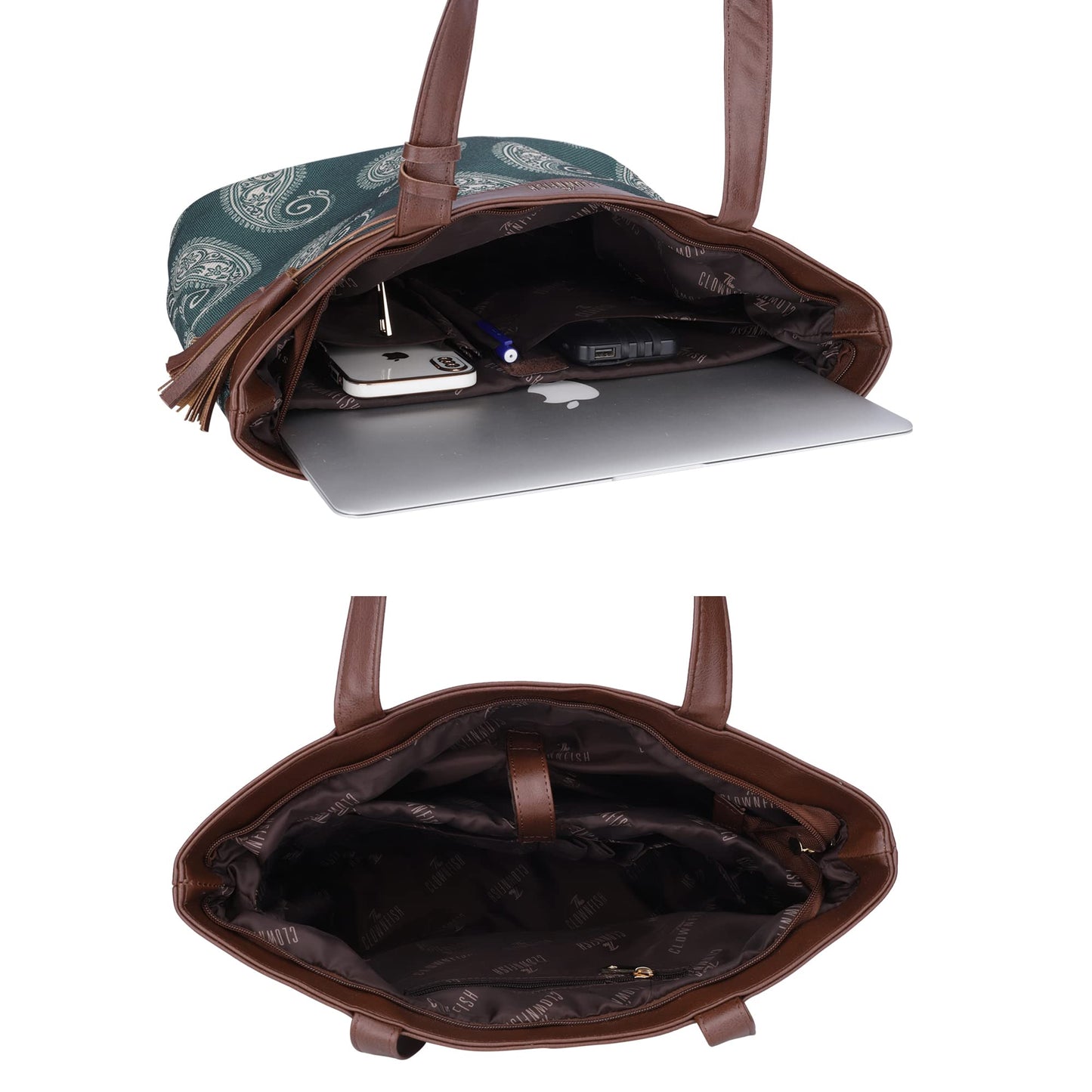 THE CLOWNFISH Casey series 15.6 inch Laptop Bag For Women Printed Handicraft Fabric & Faux Leather Office Bag Briefcase Hand Messenger bag Tote Business Bag (Fern Green)