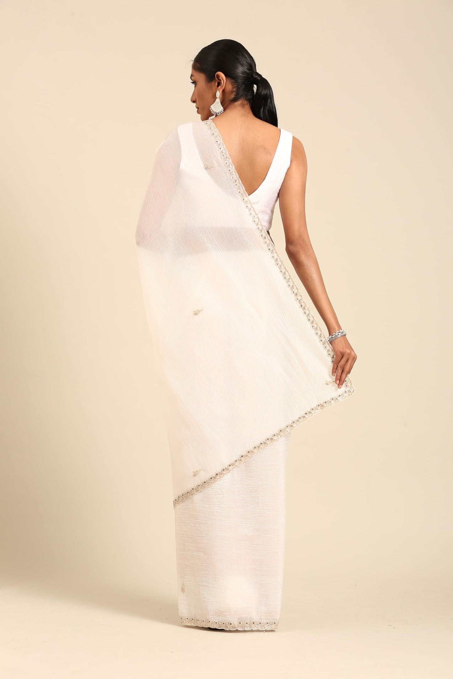MOHEY Women's Cream Crepe Moti Work & Zari Saree (CREAM)