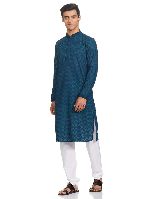 Manyavar Murky Green Chikan Kurta Set for Mens(Medium,Blue)