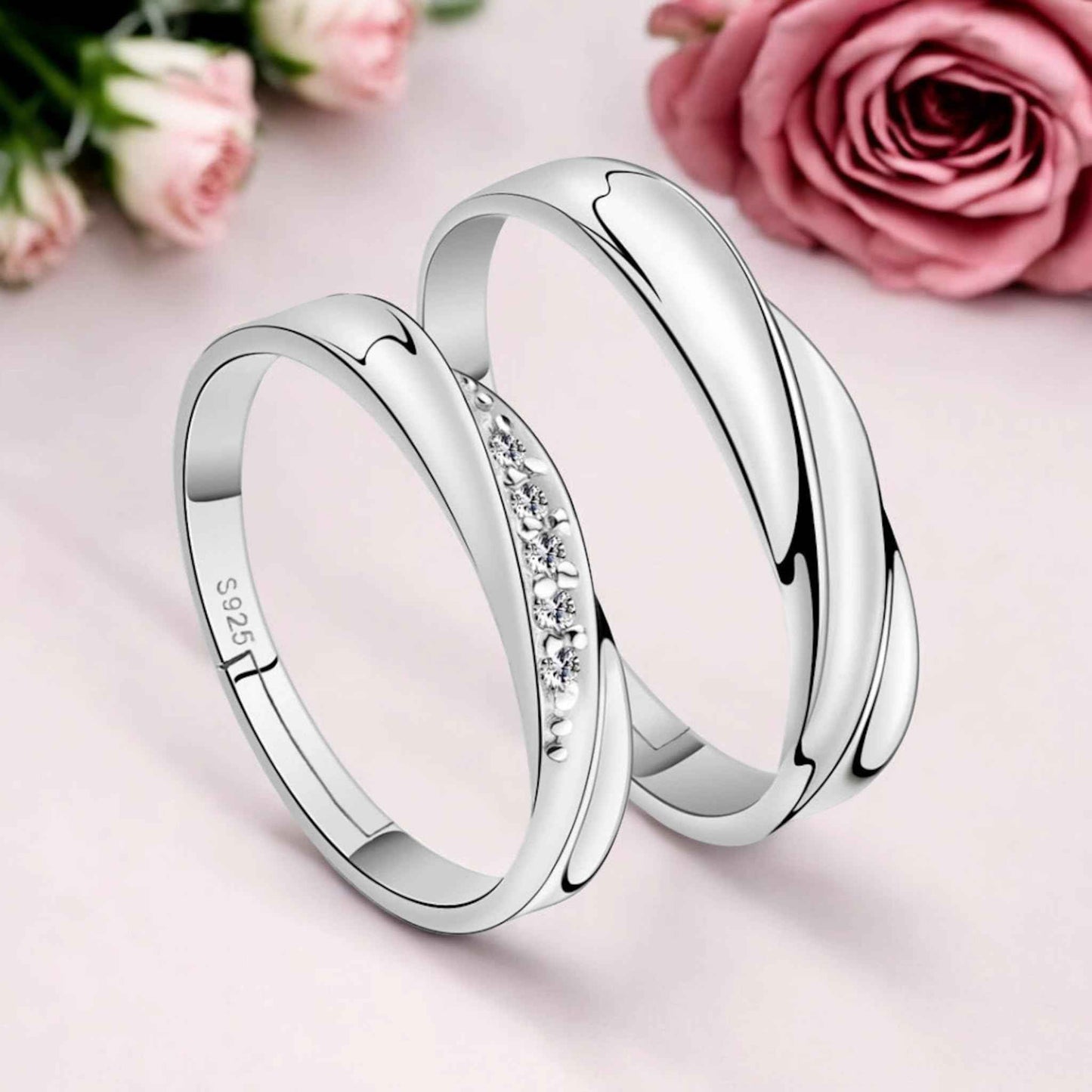 Nilu's Collection Unisex Adult 925 Sterling Silver Cubic Zirconia Designer Couple Rings, Adjustable Couple Band, Promise Rings For Lovers