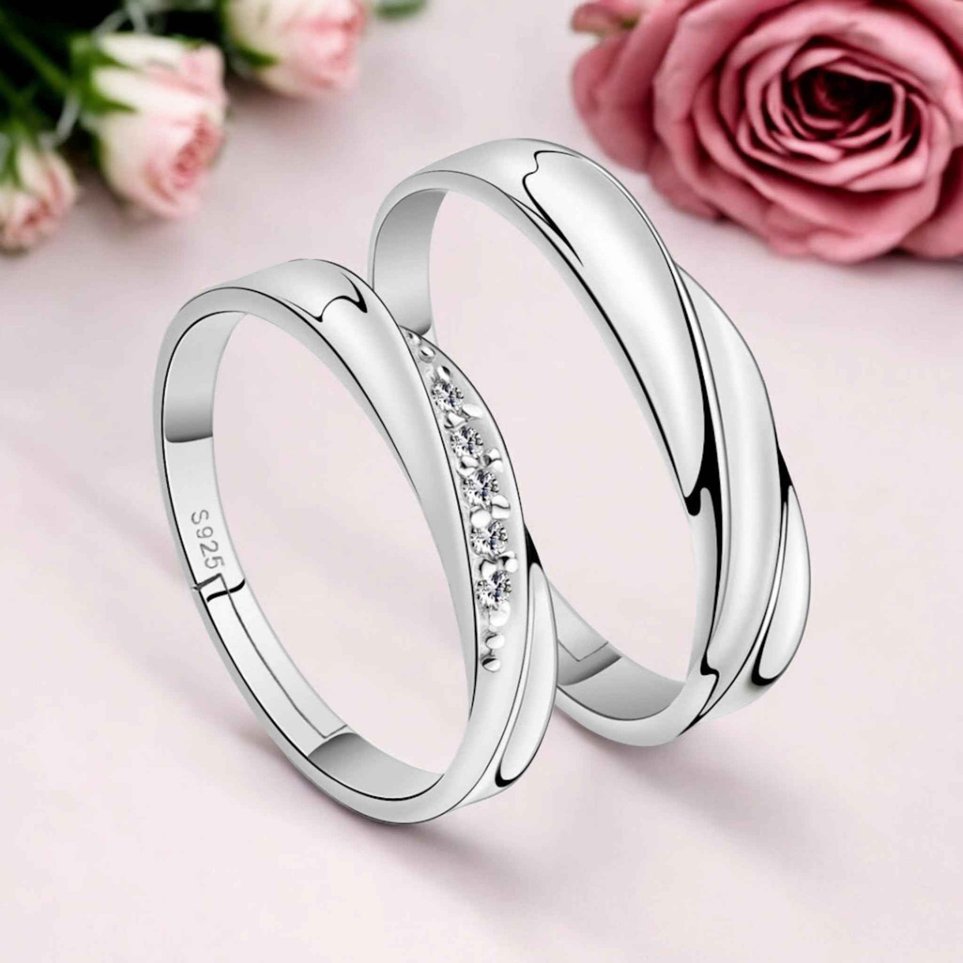 Nilu's Collection Unisex Adult 925 Sterling Silver Cubic Zirconia Designer Couple Rings, Adjustable Couple Band, Promise Rings For Lovers
