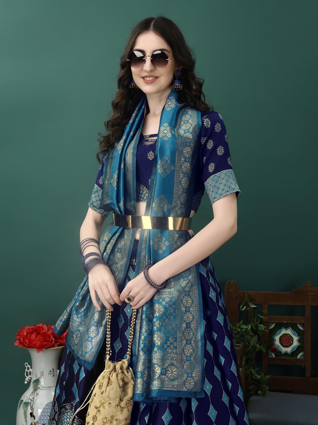 SWAMI STUDIO traditional womens wear banarasi silk lehenga choli (N.BLUE FIROZI)
