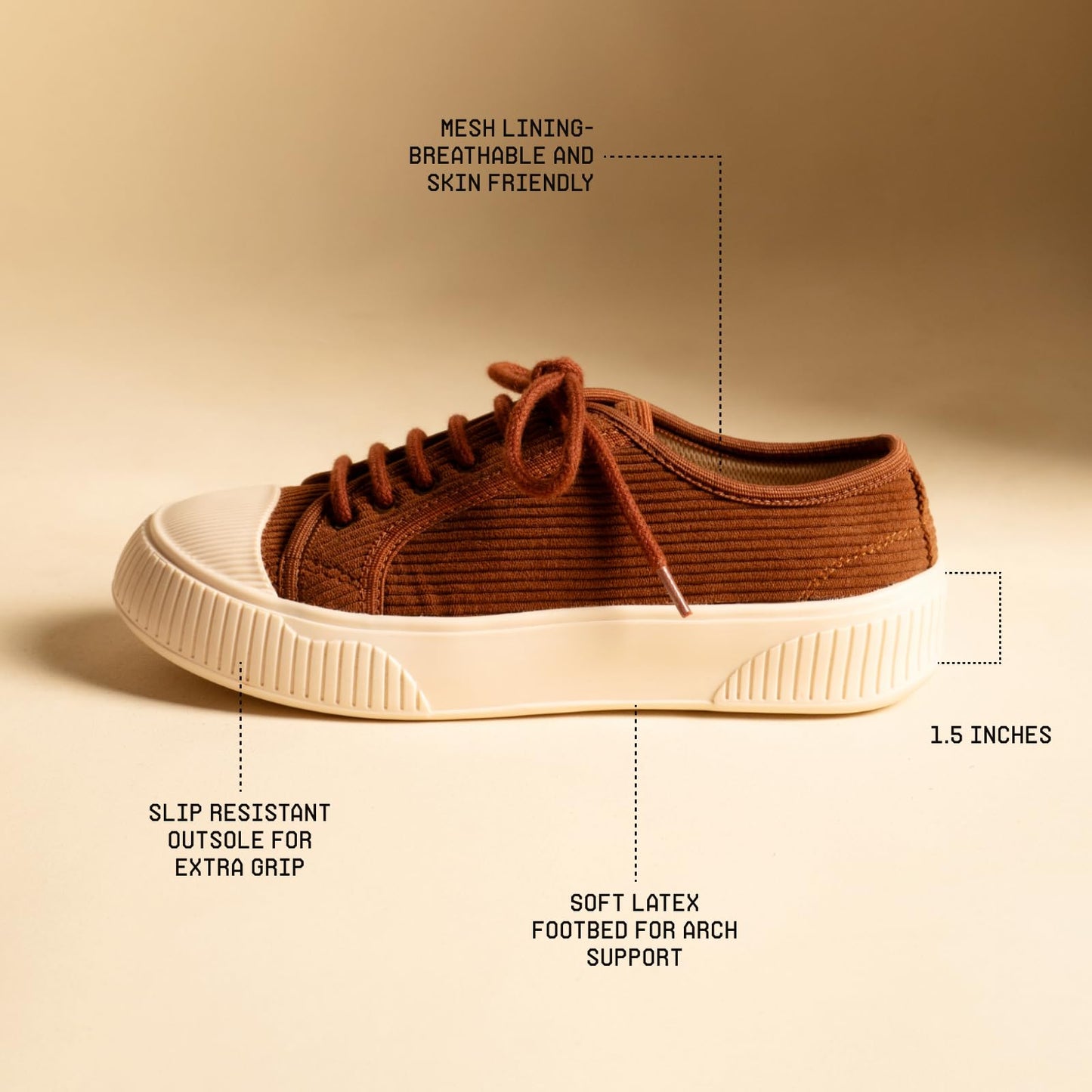 Theater Women Wicked Brown Corduroy Lace-Up Sneakers | Soft Low-Top Casual Shoes with Cushioned Insole | Stylish Comfortable Canvas Fashion Sneakers