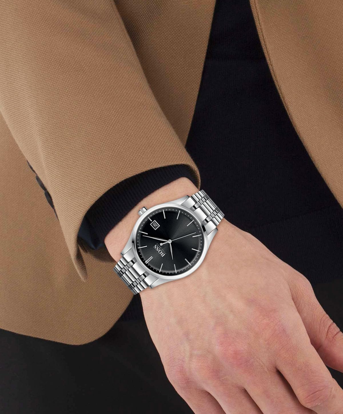 BOSS Hugo Stainless Steel Commissioner Analog Black Dial Men Watch-1513833, Silver Band