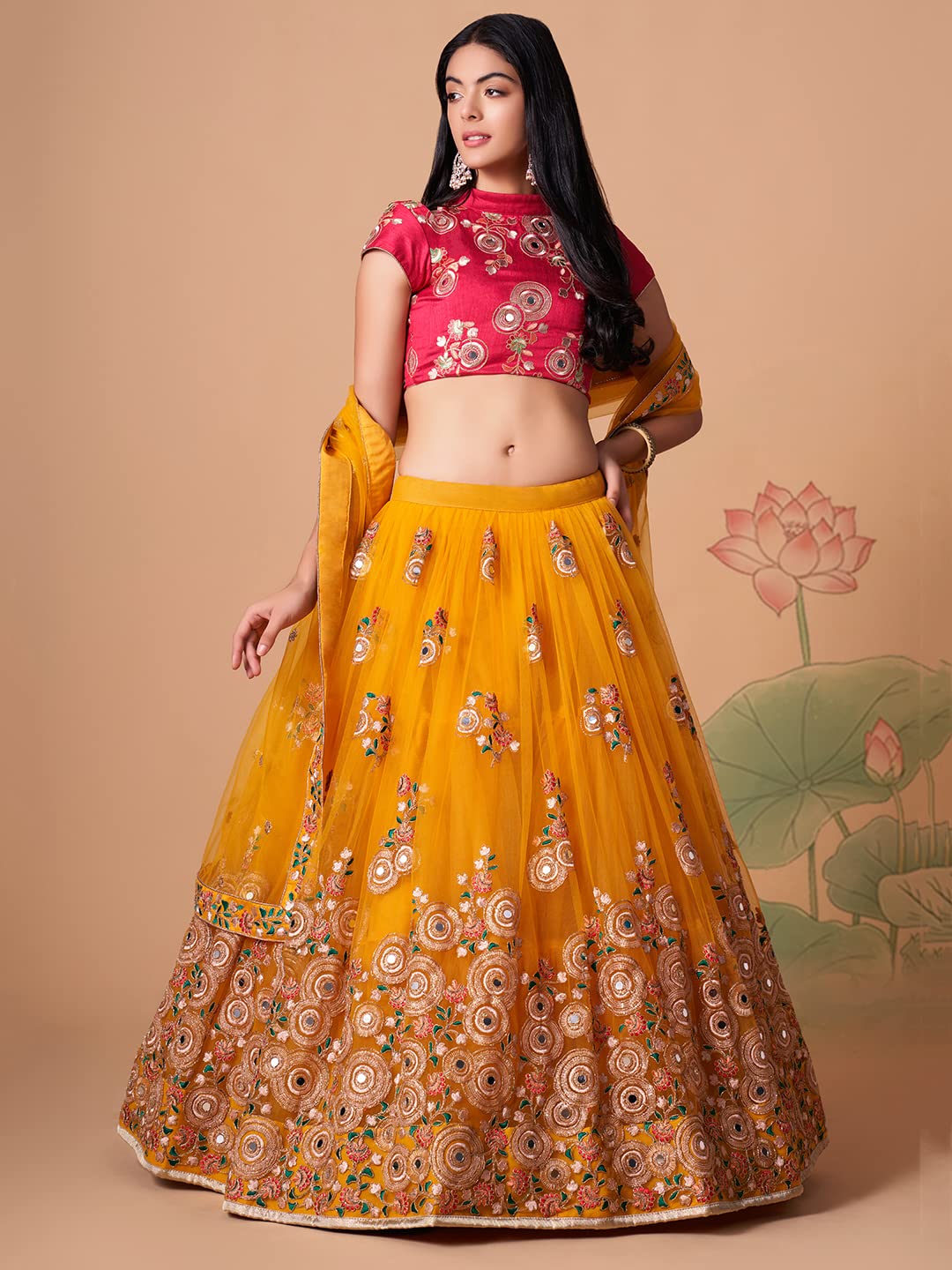 Zeel Clothing Women's Net Embroidered Semi-Stitched Bridal New Lehenga Choli with Dupatta (7324-Yellow-Wedding-Bridal-Latest; Free Size) (Yellow)