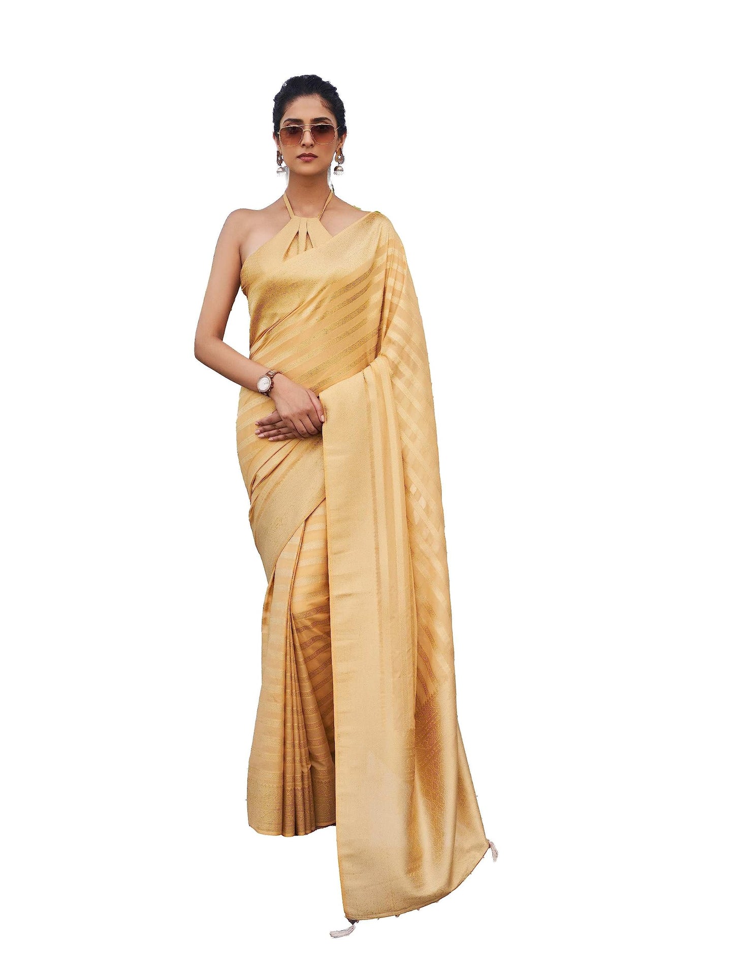 Women Banarasi Georgette Woven Work Half & Half Saree For Women With Gold Zari Border & Unstitched Blouse Piece, Vritika