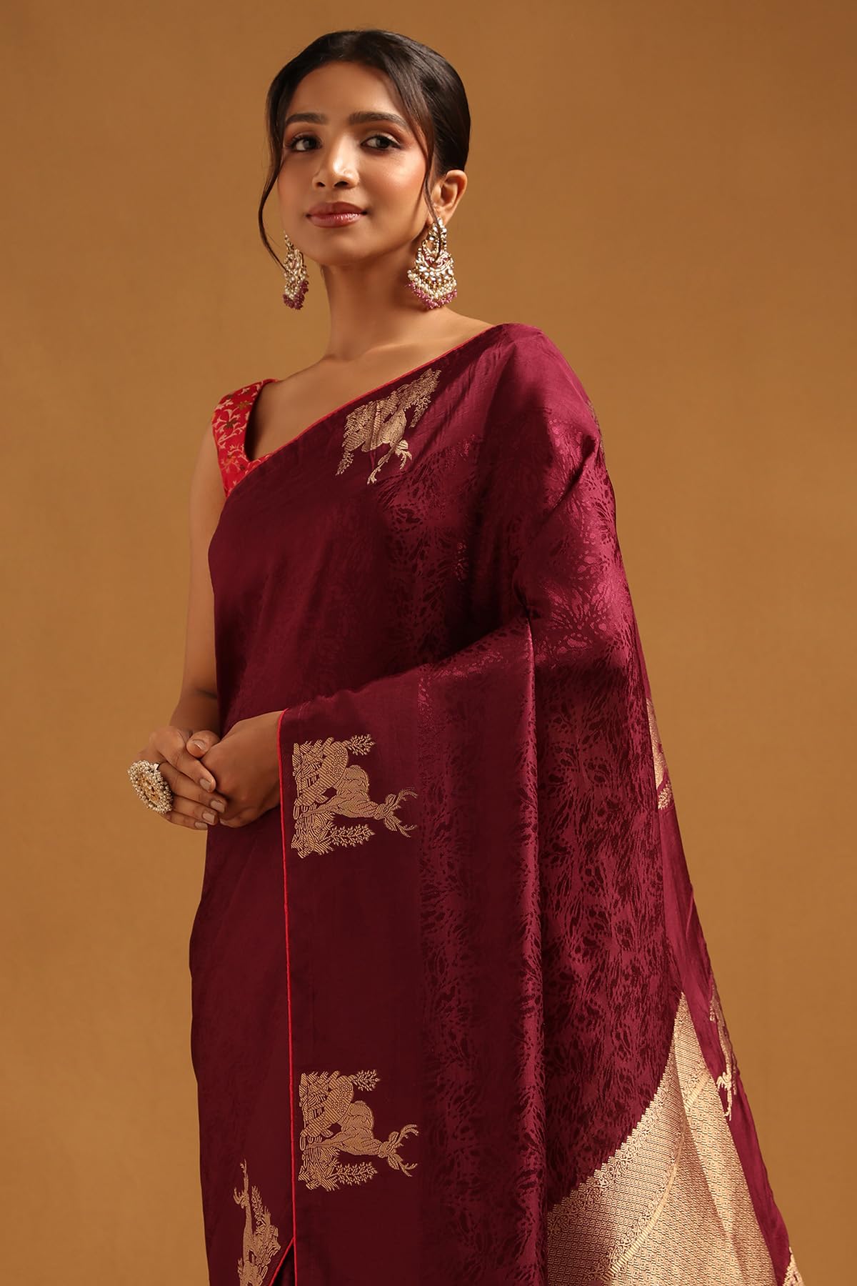 Soch Womens Wine Dola Silk Botanical Zari Woven Saree