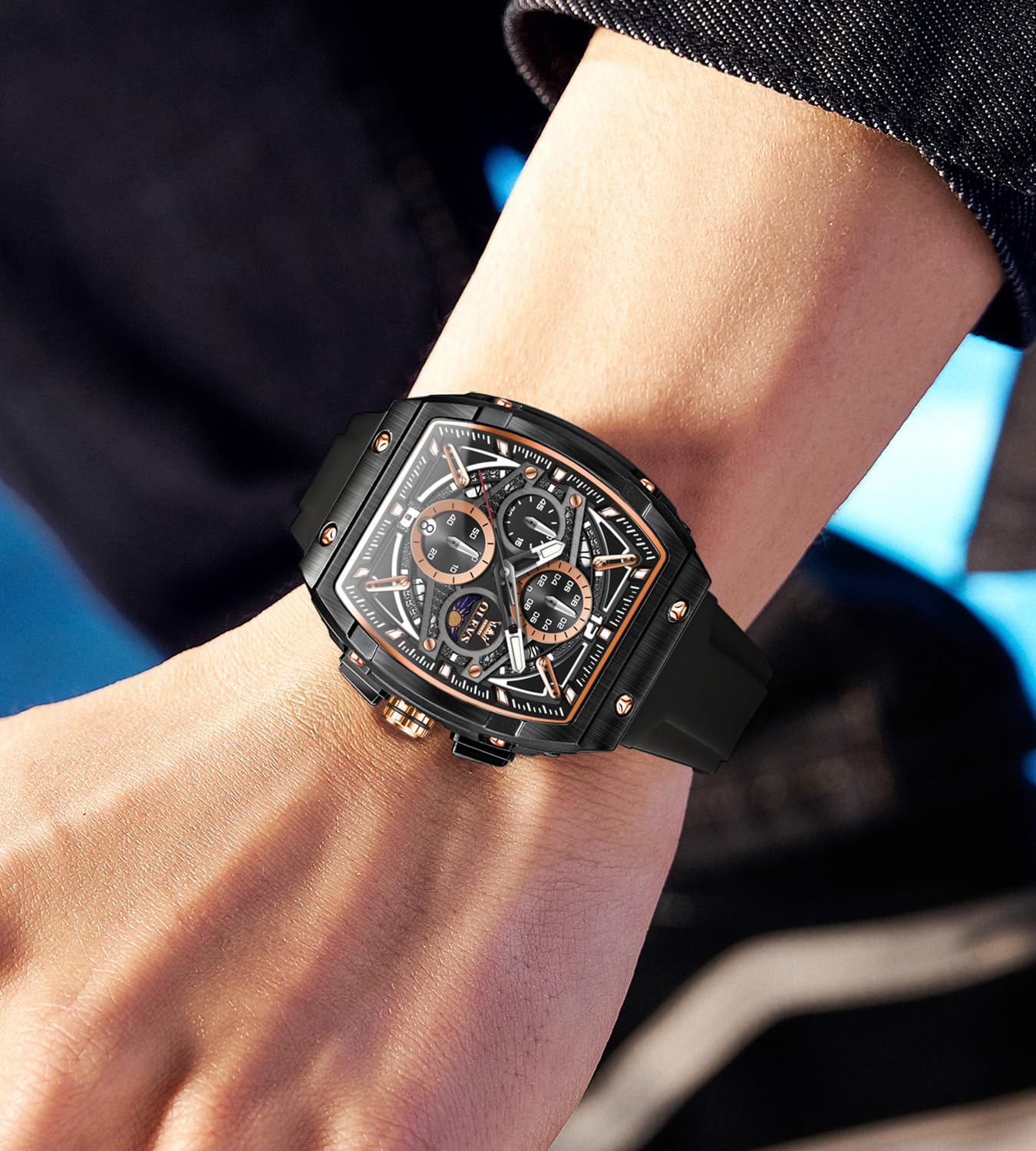 OLEVS Men Watches Business Dress Chronograph Big Square Quartz Analog Male Watch Silicone Strap Waterproof Date Gift Mens Wrist Watch