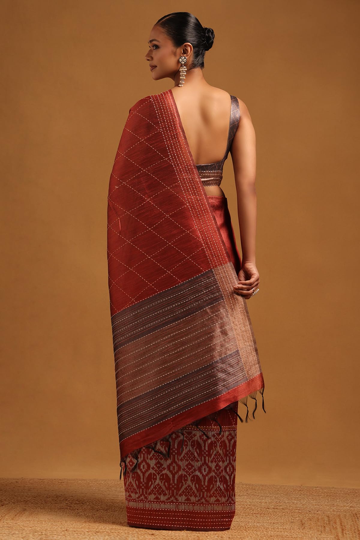 Soch Womens Rust Tussar Geometric Saree With Kantha Embroidery and Threadwork