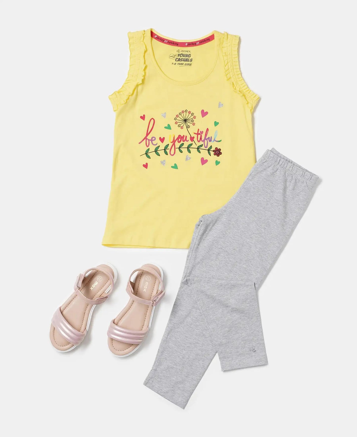 Jockey Girls Super Combed Cotton Rib Regular Fit Solid Tank Top with Graphic Print_Style_CG19_Yellow Cream_7-8 Yrs