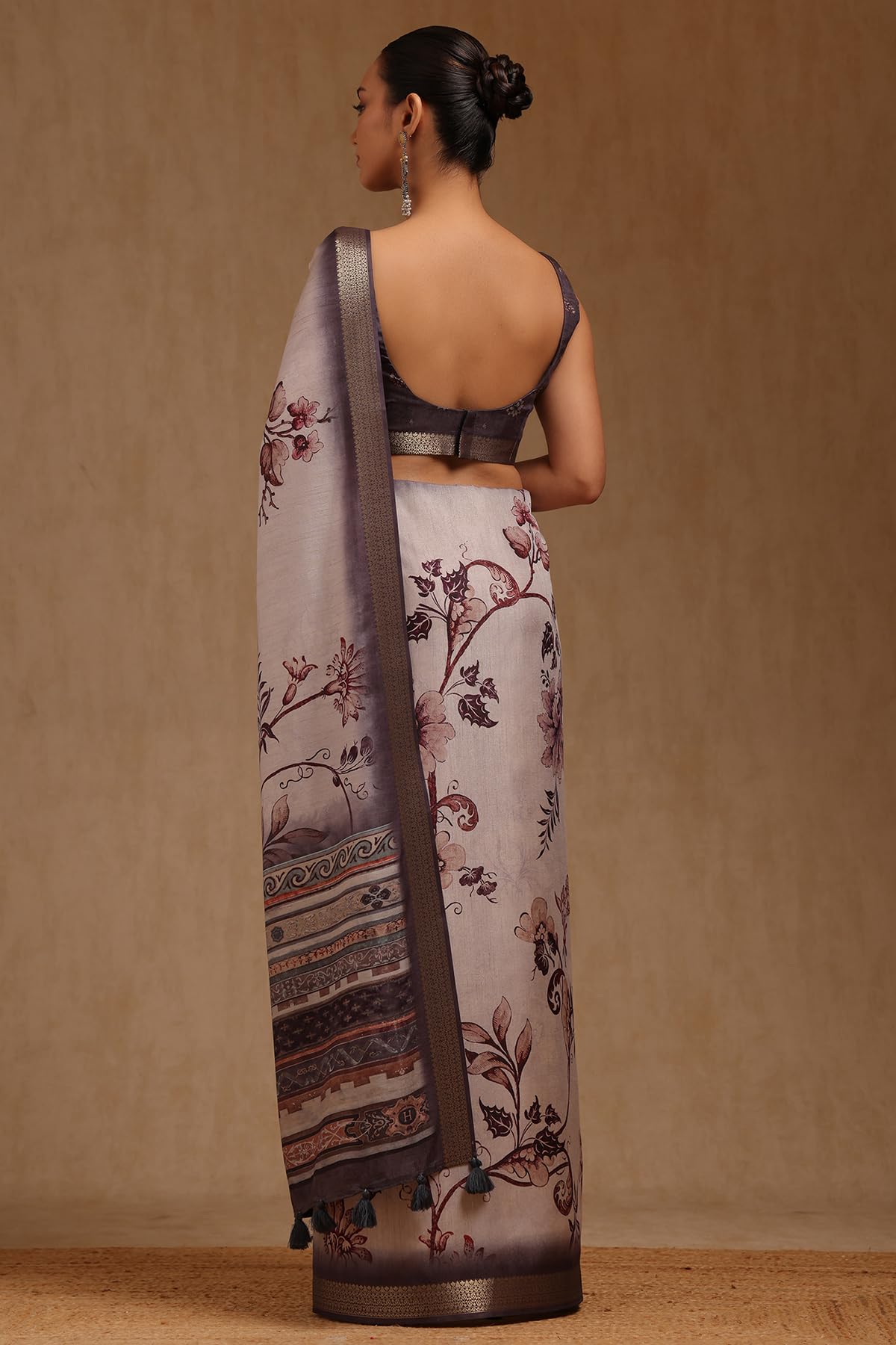 Soch Womens Grey Tussar Botanical Print Saree