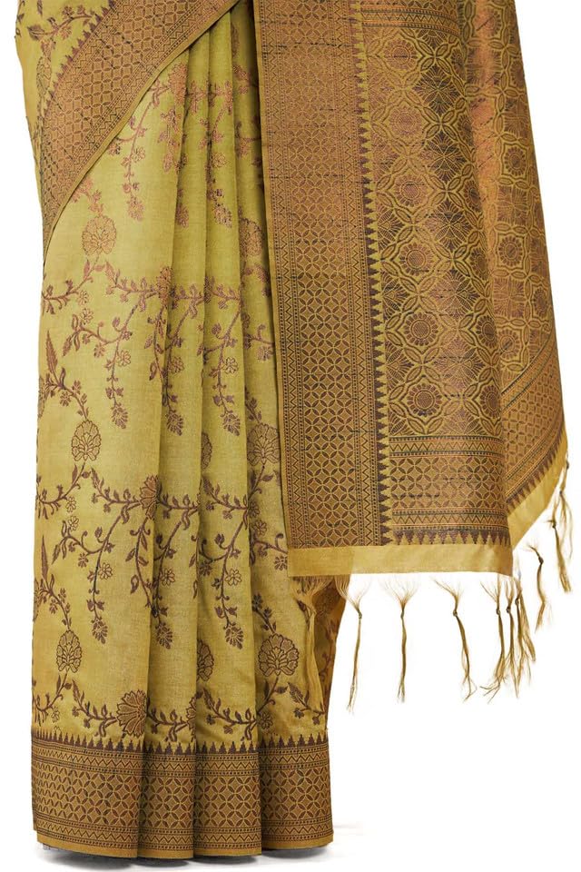 Soch Womens Light Green Tussar Silk Saree With Floral And Foliage Woven Designs