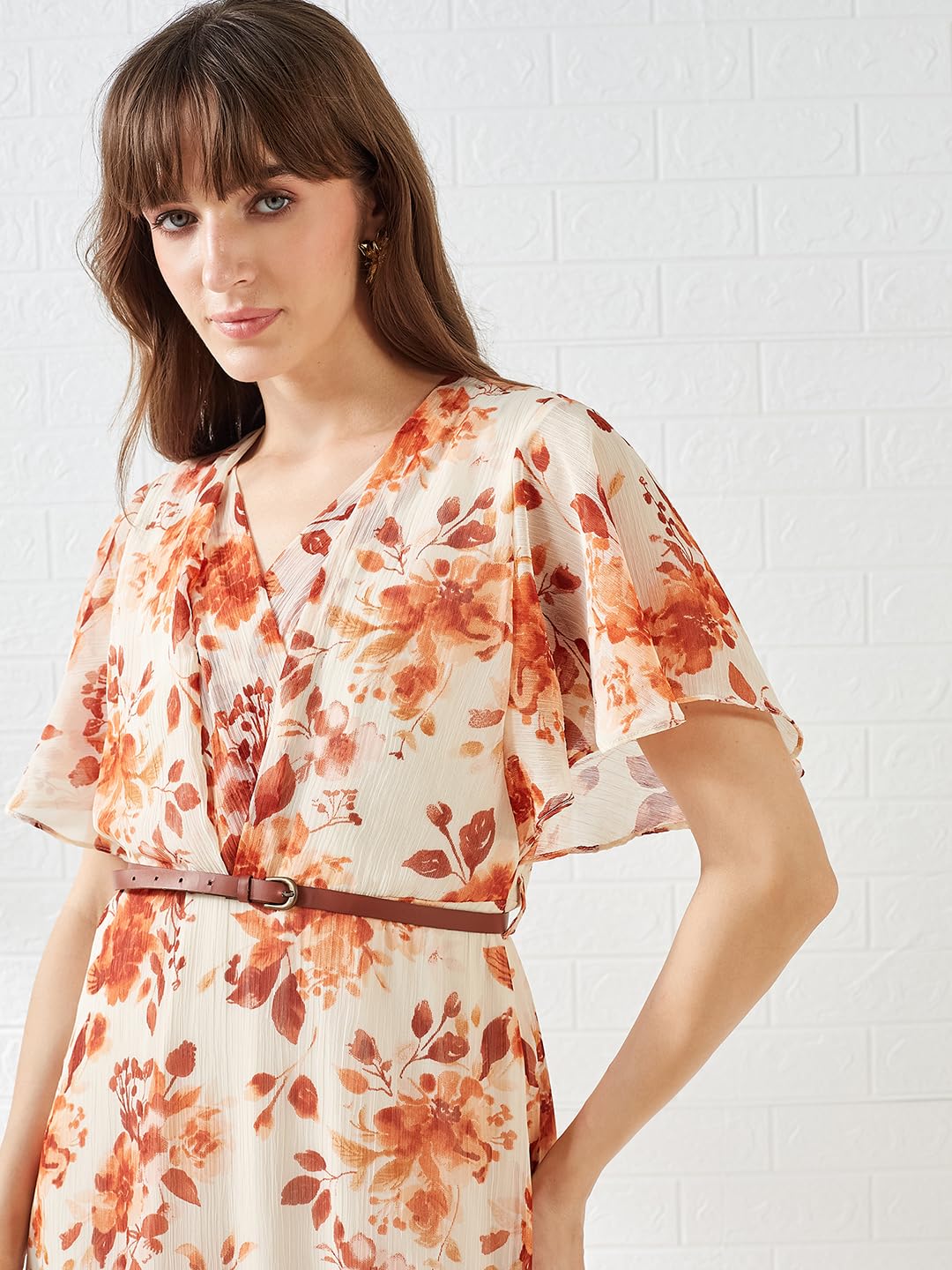 Latin Quarters Women's Rust Short Sleeves V-Neck Printed Casual Maxi Dress_M
