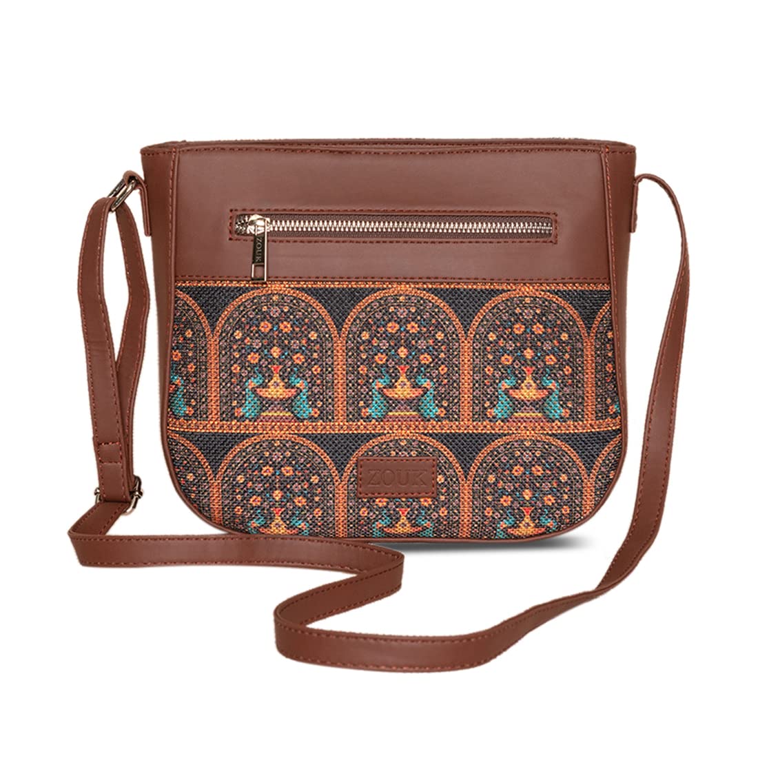 ZOUK Women's Handcrafted Black Royal Indian Motif Printed U Shaped Sling Bag