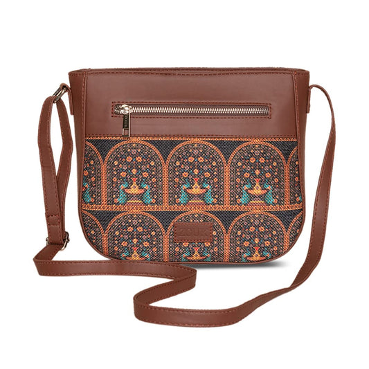 ZOUK Women's Handcrafted Black Royal Indian Motif Printed U Shaped Sling Bag