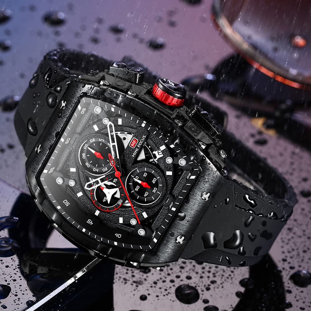 Mini Focus Mens Watches 3ATM Waterproof Chronograph Luminous Quartz Movement Sport, Black