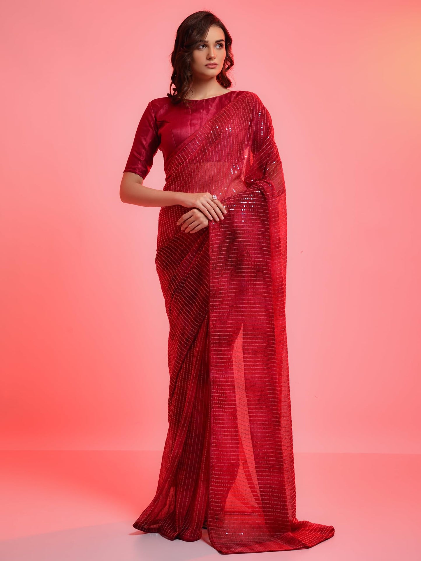 AKHILAM Women's Embellished Sequins Georgette Saree With Unstitched Blouse Piece (Red_PRIZAM153_VP)